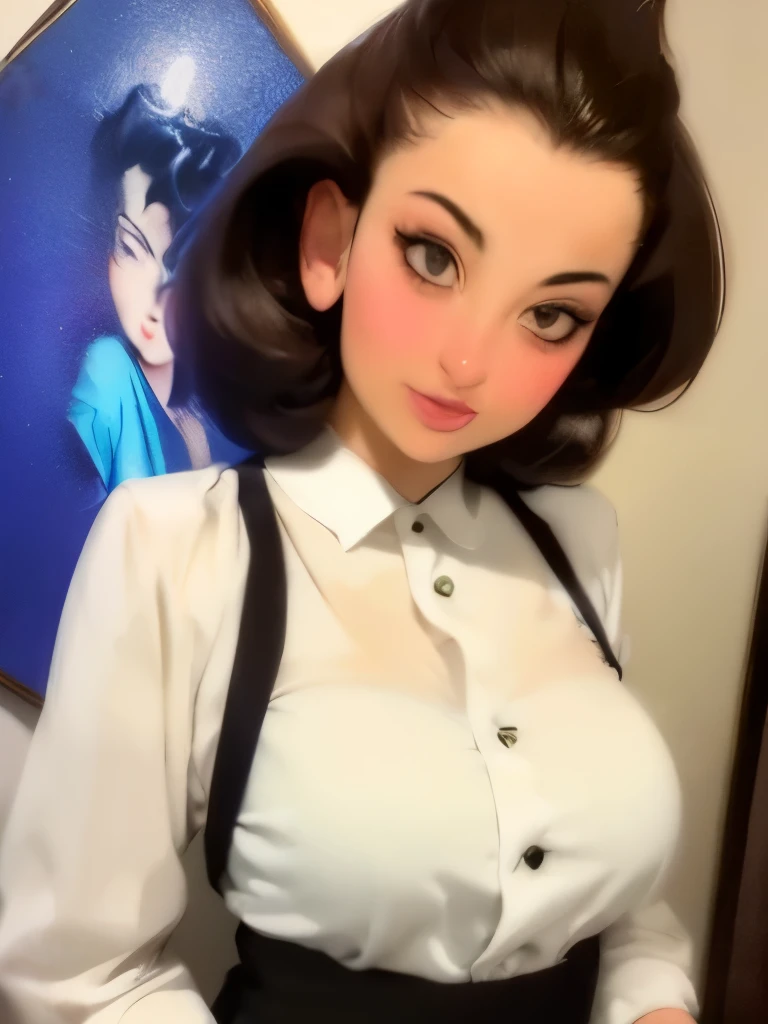 arafed portrait of a woman with a white shirt and a brown tie, a colorized photo inspired by Rhea Carmi, flickr, pop art, portrait of paulette goddard, 1 9 4 0 s haircut, rockabilly hair, ( art fitzpatrick ), gorgeous lady, gil elvgren 50mm, gill elvgren, lobotomy of a beautiful woman