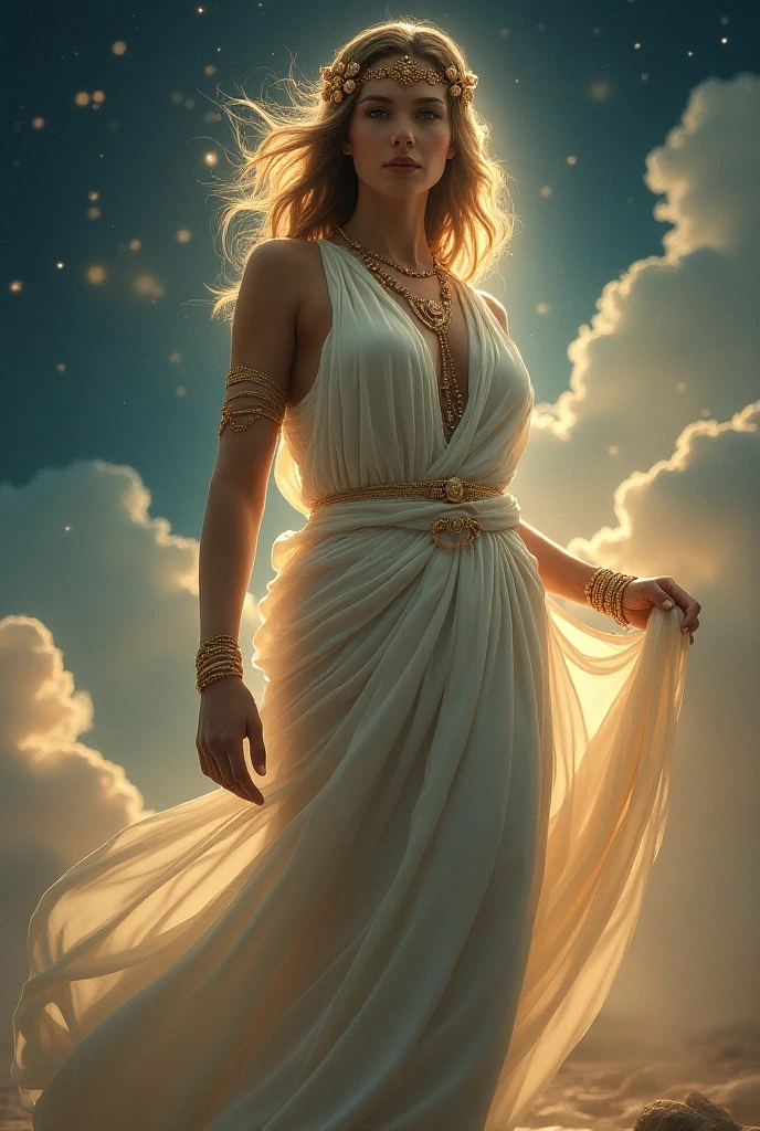 concept art style of "Rembrandt" fantasy setting, overwhelmingly beautiful ancient Roman goddess,  symbols of  love beauty and fertility, radiant, timeless elegance , Venus,  Joyful and Carefree expression, slim,  ethereal, supermodel, wearing a slim fitting roman cloth stola white dress , detailed skin,   skin pores,  detailed face, jewelry, teardrop breasts,  celestial, oil painting, intricated skin, realistic, photorealistic, rim lights, dark shadows, cinematic scene BREAK background of heavenly clouds with cherubs
<lora:Rembrandt Lighting Style:0.7> Rembrandt lighting style  <lora:add-detail-xl:1>
 . digital artwork, illustrative, painterly, matte painting, highly detailed