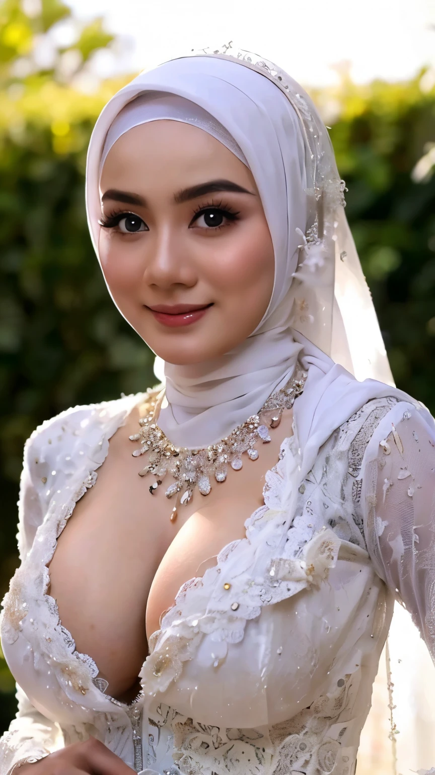 Hyper realistic, Beautiful young hijab girl, , nude, naked, (open breast, breast out), luxury necklace, White Skin, Perfect Potrait, Bokeh Effect, Look at camera, ((adorable:1.2)), ((masterpiece:1.1)), ((bokeh:1.2)), (dynamic seducing pose), seductive smile, flirting eyes,Clear focus: 1.2, 1 indonesian hijab girl, perfect nude bride,Super fine face, fine eyes, double eyelids((Realistic lighting, Best quality, 8K, Masterpiece: 1.3, hyper realistic)), Clear focus: 1.2, 1 indonesian hijab girl, georgeous nude wedding dress, (white silver hijab, medium rounded breasts: 1.3), ((open breast, breast out)),nude, naked, pink nipples, slightly chubby, (detailed lace material), (outdoor, day light: 1.1), beautiful garden of flowers background, Super fine face, fine eyes, double eyelids, naughty smile, 