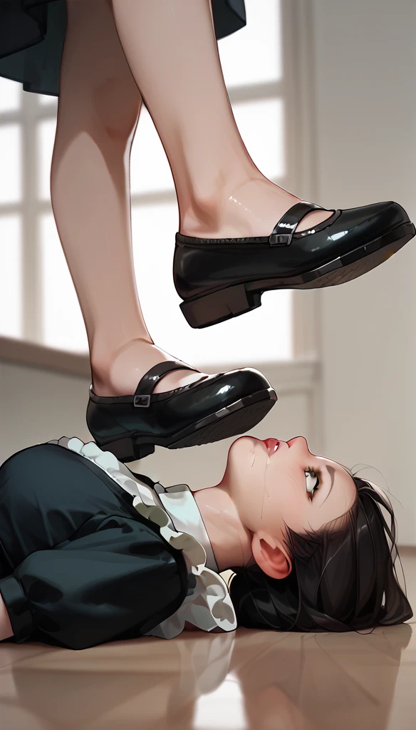 Anime Women, Maid, thick black socks, raised leg, raised leg, Stomping of  feet on throat, Stomping of feet on neck, looking down, head out of frame, throw