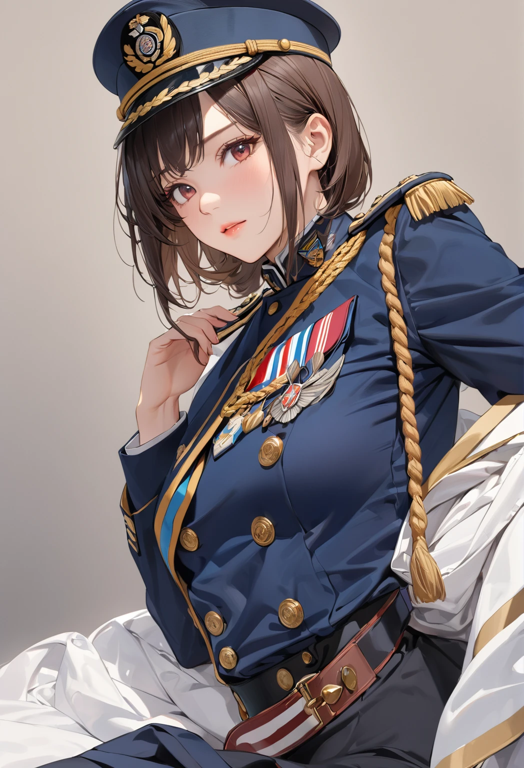  young beautiful woman,(Best Quality,Very detailed depiction, Incredible High Resolution , Anatomically Accurate Depiction ,High quality anime drawings),(Female admiral),(Blue and white military uniform,Admiral&#39;s Uniform, has sunglasses on her head, earrings, choker,boots,),(Silver Hair, ponytail,Purple Eyes,Eyes half closed:1.2,Cute charm , happy smile :1.2, it's opening its mouth, Pottery Skin ,Beautiful legs,Curvaceous Body,Model pose),(Full body image:1.3),Purple light,Navy Headquarters 