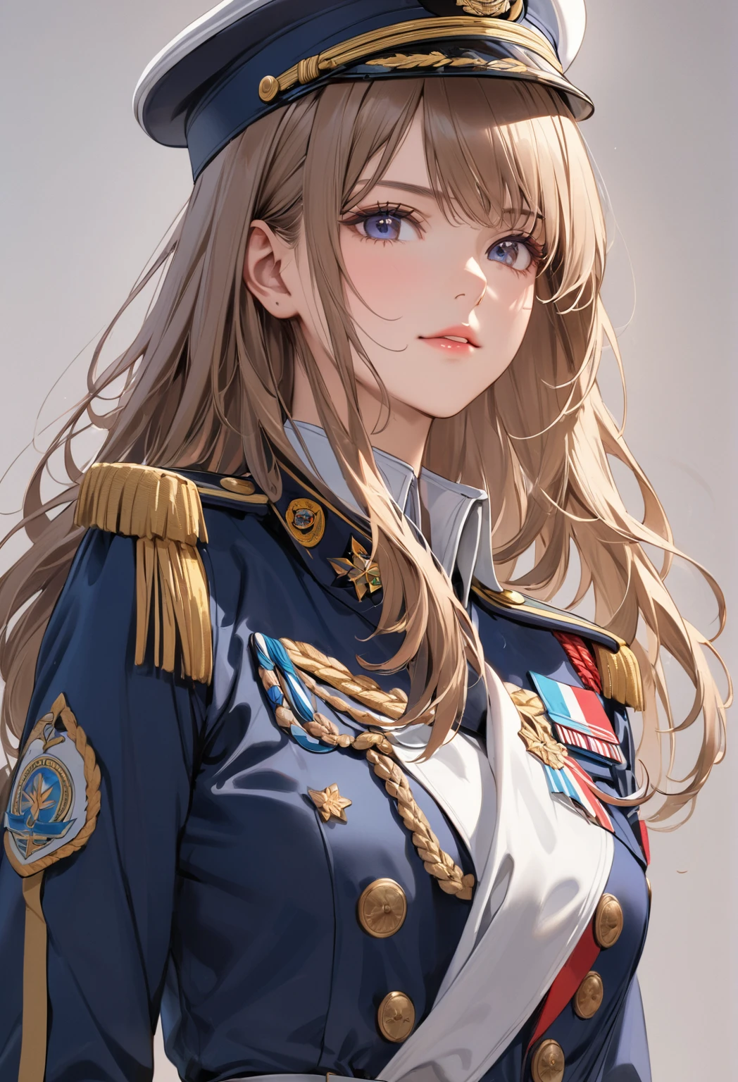  young beautiful woman,(Best Quality,Very detailed depiction, Incredible High Resolution , Anatomically Accurate Depiction ,High quality anime drawings),(Female admiral),(Blue and white military uniform,Admiral&#39;s Uniform, has sunglasses on her head, earrings, choker,boots,),(Silver Hair, ponytail,Purple Eyes,Eyes half closed:1.2,Cute charm , happy smile :1.2, it's opening its mouth, Pottery Skin ,Beautiful legs,Curvaceous Body,Model pose),(Full body image:1.3),Purple light,Navy Headquarters 