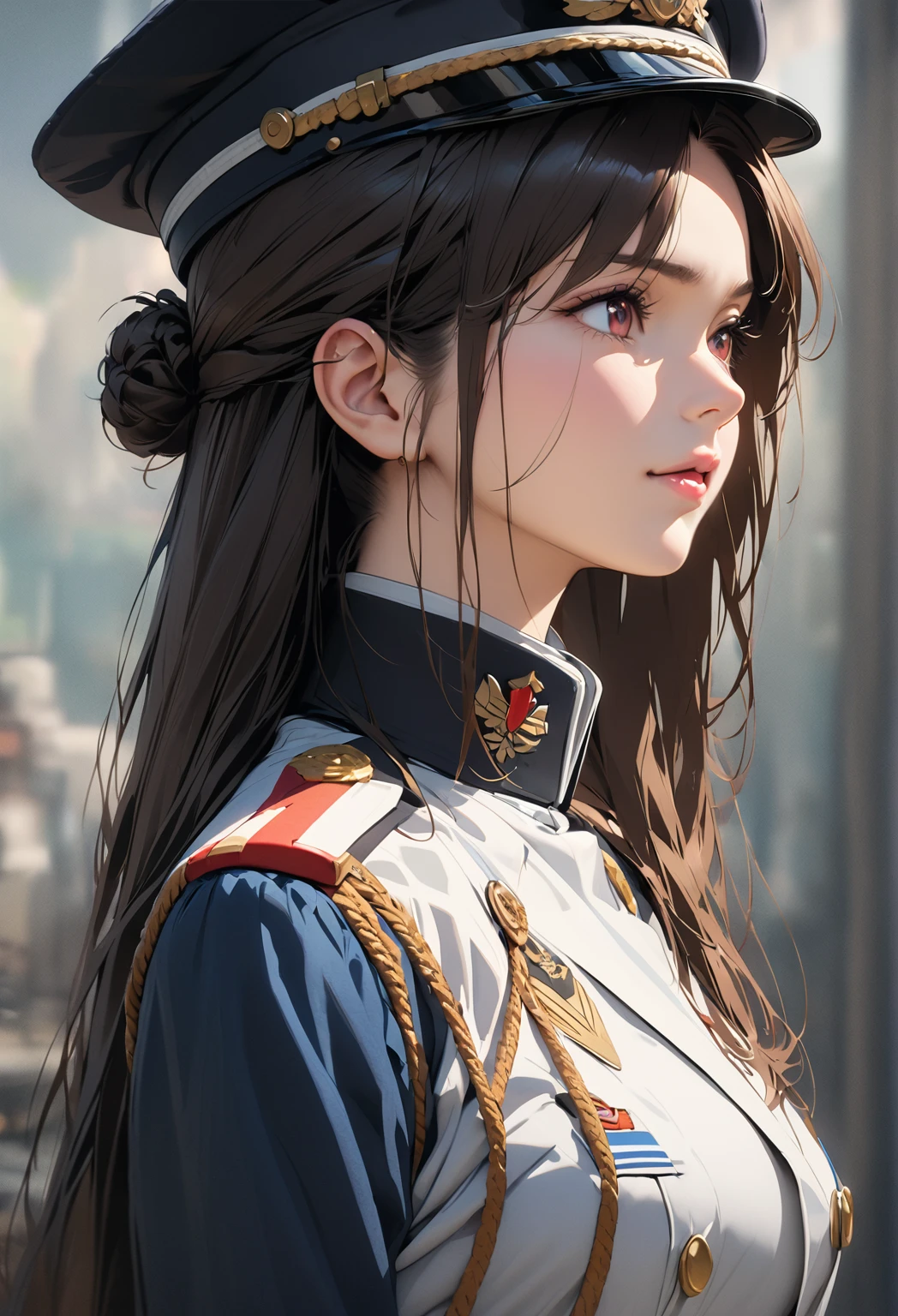  young beautiful woman,(Best Quality,Very detailed depiction, Incredible High Resolution , Anatomically Accurate Depiction ,High quality anime drawings),(Female admiral),(Blue and white military uniform,Admiral&#39;s Uniform, has sunglasses on her head, earrings, choker,boots,),(Silver Hair, ponytail,Purple Eyes,Eyes half closed:1.2,Cute charm , happy smile :1.2, it's opening its mouth, Pottery Skin ,Beautiful legs,Curvaceous Body,Model pose),(Full body image:1.3),Purple light,Navy Headquarters 