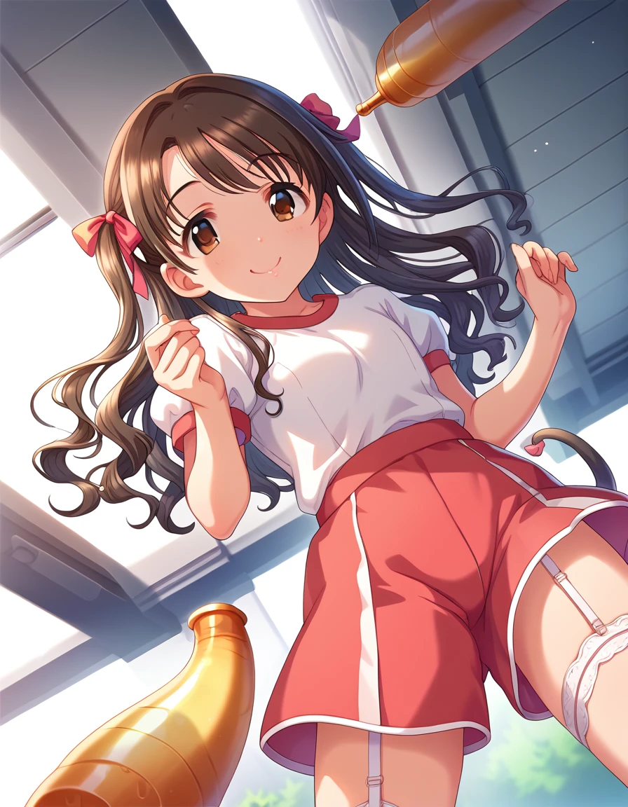   score_9,   score_8_Excellent,   score_7_Excellent, sauce_Anime,1 person，
evaluation_  sensitive  ,  Viewer Discretionary Advice  ，Outdoor，((()))，Young， short stature ， ，( Gym clothes) Garter Belt，( flat chest，) Queen，  Brown Eyes  ，Wavy Hair，  Hair Ribbon，One-sided side tail，  Looking Up From Below ， Open her crotch wide  ，Big smile，shadow，Reflection of light，