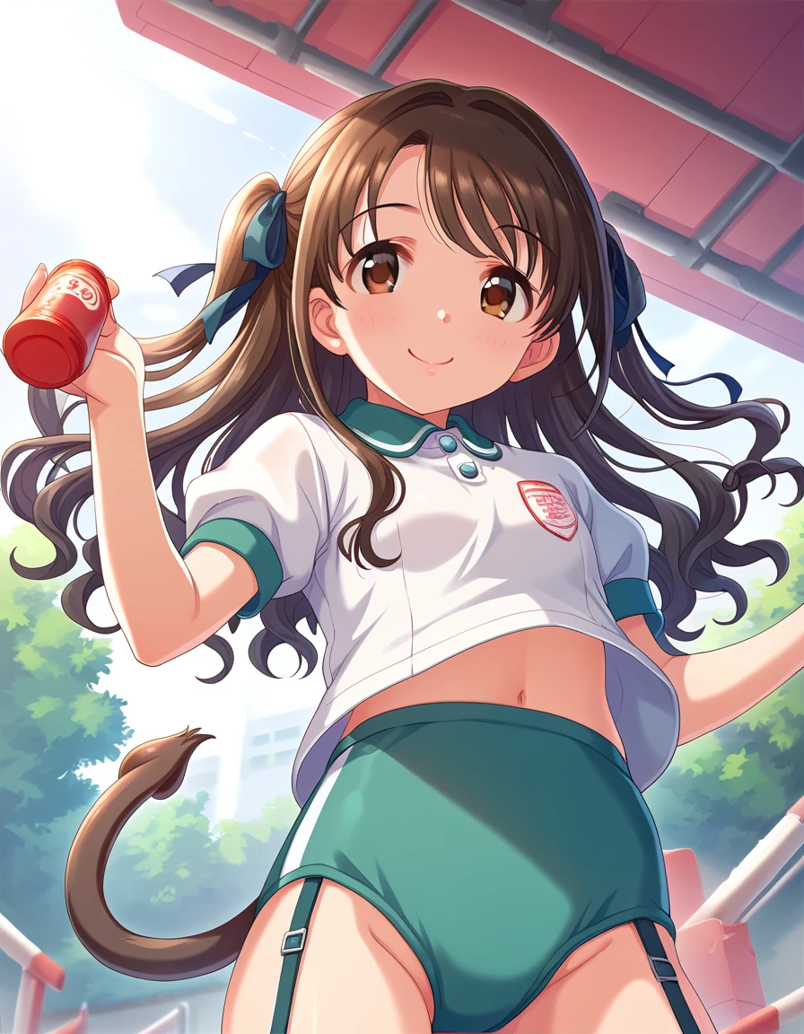   score_9,   score_8_Excellent,   score_7_Excellent, sauce_Anime,1 person，
evaluation_  sensitive  ,  Viewer Discretionary Advice  ，Outdoor，((()))，Young， short stature ， elementary school students，( Gym clothes) Garter Belt，( flat chest，) Queen，  Brown Eyes  ，Wavy Hair，  Hair Ribbon，One-sided side tail，  Looking Up From Below ， Open her crotch wide  ，Big smile，shadow，Reflection of light，