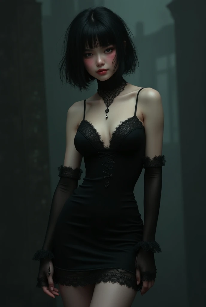 (((top quality, 8k, masterpiece))), crisp focus, (beautiful woman with perfect figure), slender, (hairstyle: up)), Highly detailed face and skin texture Detailed eyes Double eyelids random posture, (smile),super cute Japan person,super beauty Japanese girl, realistic face, double eyelid,smile,summer festival , at sunset ,fire-works back-ground, face turned sideways. wearing black black tank top, wearing hot pants,natural big breast, show big thigh, plump body