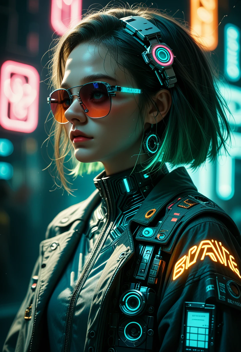 A cyborg girl in profile, with intricate mechanical details, integrated with futuristic technology. The background shows a ruined dystopian city with neon lights in shades of blue and pink, enveloped in a melancholic and dark atmosphere. The hair seems to mix with cables and technological elements, fluttering in the wind. The lighting is cinematic with bright neon effects, deep shadows, and glow effects that bring out the details on the girl's face and jacket. Illustration in ultra detailed quality, 4K, with vibrant colors and depth of field. Rendered in 3D style with octane render, 8K, conceptual, realistic and photo art style. Intricate details and realistic design with a cyberpunk feel, extreme photo quality, clarity and sharp focus.