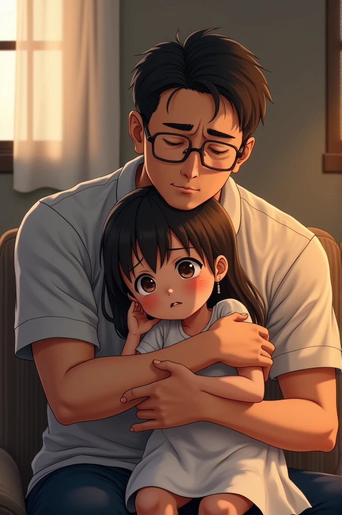 Young woman kissing little boy, black hair, hot pants, masterpiece, realistic, high resolution, high quality, top quality, super detail, big