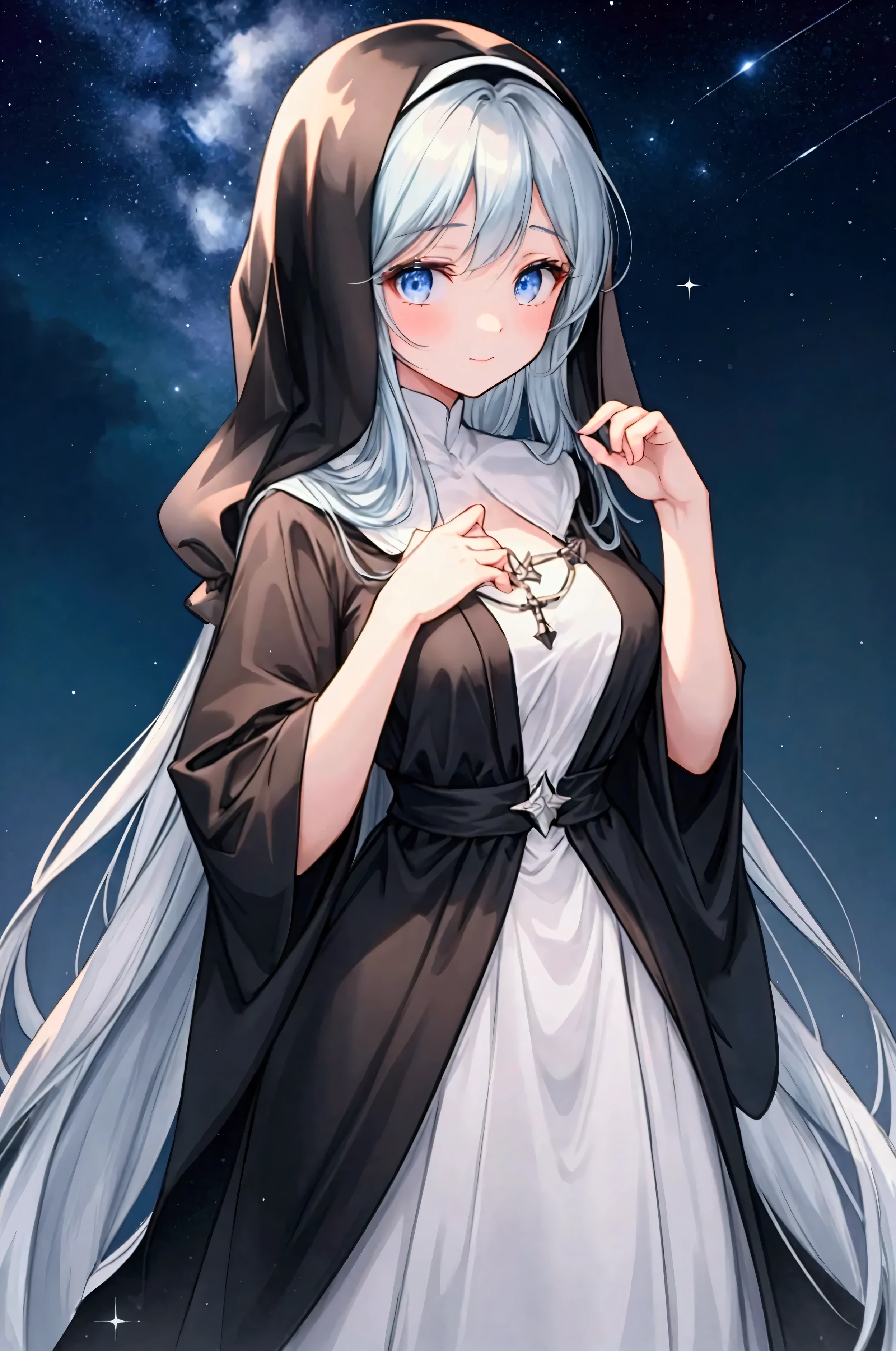 "A slender woman with long, flowing black hair, standing at 160 cm tall, weighing 45 kg, with a petite chest. Her eyes are a soft, pale blue, giving her a mysterious aura. She is dressed in an outfit inspired by a nun's attire, featuring a long black robe with white accents, a modest high neckline, and a white coif or veil covering her hair, evoking a sense of purity and devotion. The scene is set under a clear night sky filled with countless stars, gently illuminating the ground with soft starlight, creating a serene atmosphere. A light breeze swirls around her, causing her hair and clothes to gently sway, further enhancing the fantastical and peaceful mood. The image is rendered in ultra-high quality, capturing every fine detail with stunning clarity."