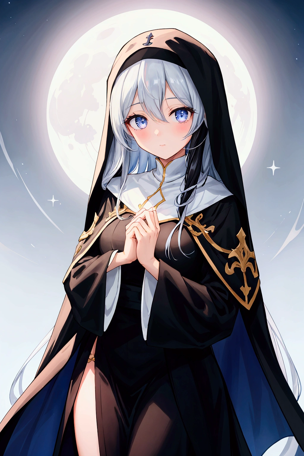 "A slender woman with long, flowing black hair, standing at 160 cm tall, weighing 45 kg, with a petite chest. Her eyes are a soft, pale blue, giving her a mysterious aura. She is dressed in an outfit inspired by a nun's attire, featuring a long black robe with white accents, a modest high neckline, and a white coif or veil covering her hair, evoking a sense of purity and devotion. The scene features contrasting light and shadow, where the movement of her shadow changes the world around her. The stars and moonlight cast shifting shadows, emphasizing the stillness of the night. As she gazes up at the night sky, a shining path illuminated by the stars leads her forward, with a distant door of the future glowing in the distance, inviting her into a dreamlike world. The image is rendered in ultra-high quality, capturing every fine detail with stunning clarity."