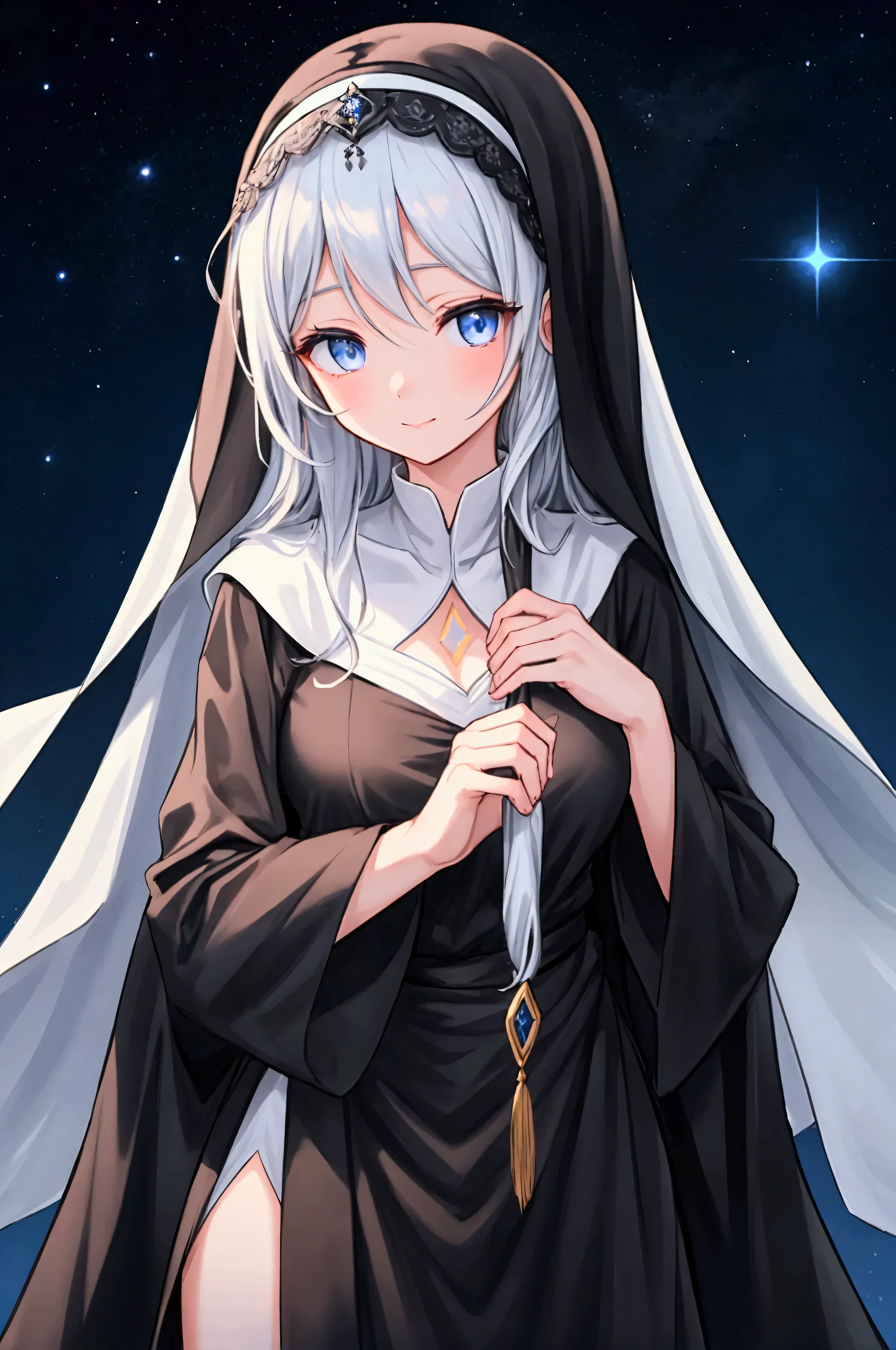 "A slender woman with long, flowing black hair, standing at 160 cm tall, weighing 45 kg, with a petite chest. Her eyes are a soft, pale blue, giving her a mysterious aura. She is dressed in an outfit inspired by a nun's attire, featuring a long black robe with white accents, a modest high neckline, and a white coif or veil covering her hair, evoking a sense of purity and devotion. The path connecting the two is illuminated by starlight, with circles of light filling the night sky, expanding into a fateful road leading toward the future. The soft whispers of the wind and the night sky resonate quietly, guiding them toward a destined moment. The image is rendered in ultra-high quality, capturing every fine detail with stunning clarity."