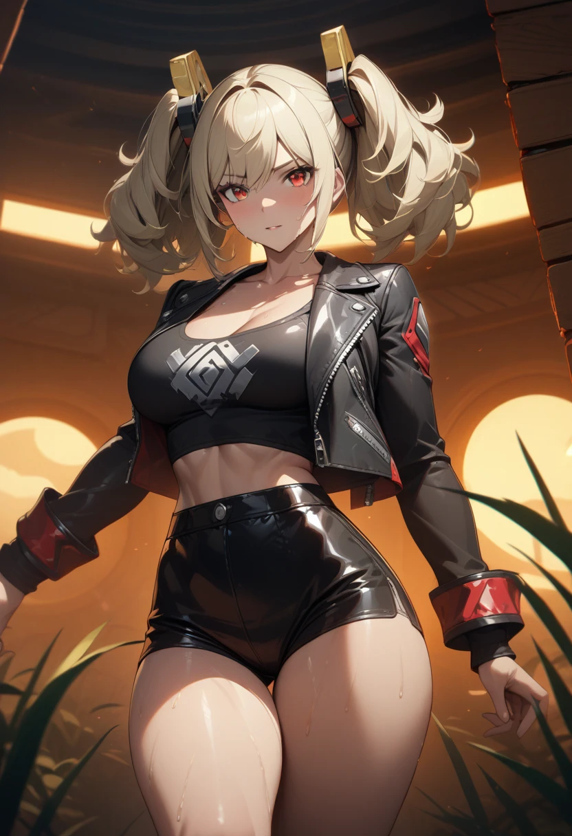 masterpiece,best quality,high resolution,8k,ultra HD,wallpaper,illustration,perfect face,cowboy shot,beautiful detailed eyes,extremely detailed face,perfect lighting,extremely detailed CG,perfect anatomy,perfect body,perfect hands,perfect fingers,1woman,full body,,muscle fighter body,blonde twintails  hair,red eyes,large breasts,Medium ass,,(black short open jacket ),black short hot pants,clothed,,collarbone,,looking at viewer,(),Steam,sweat, home,(Zenless Zone Zero character Lucy),adult,orange sun grass,