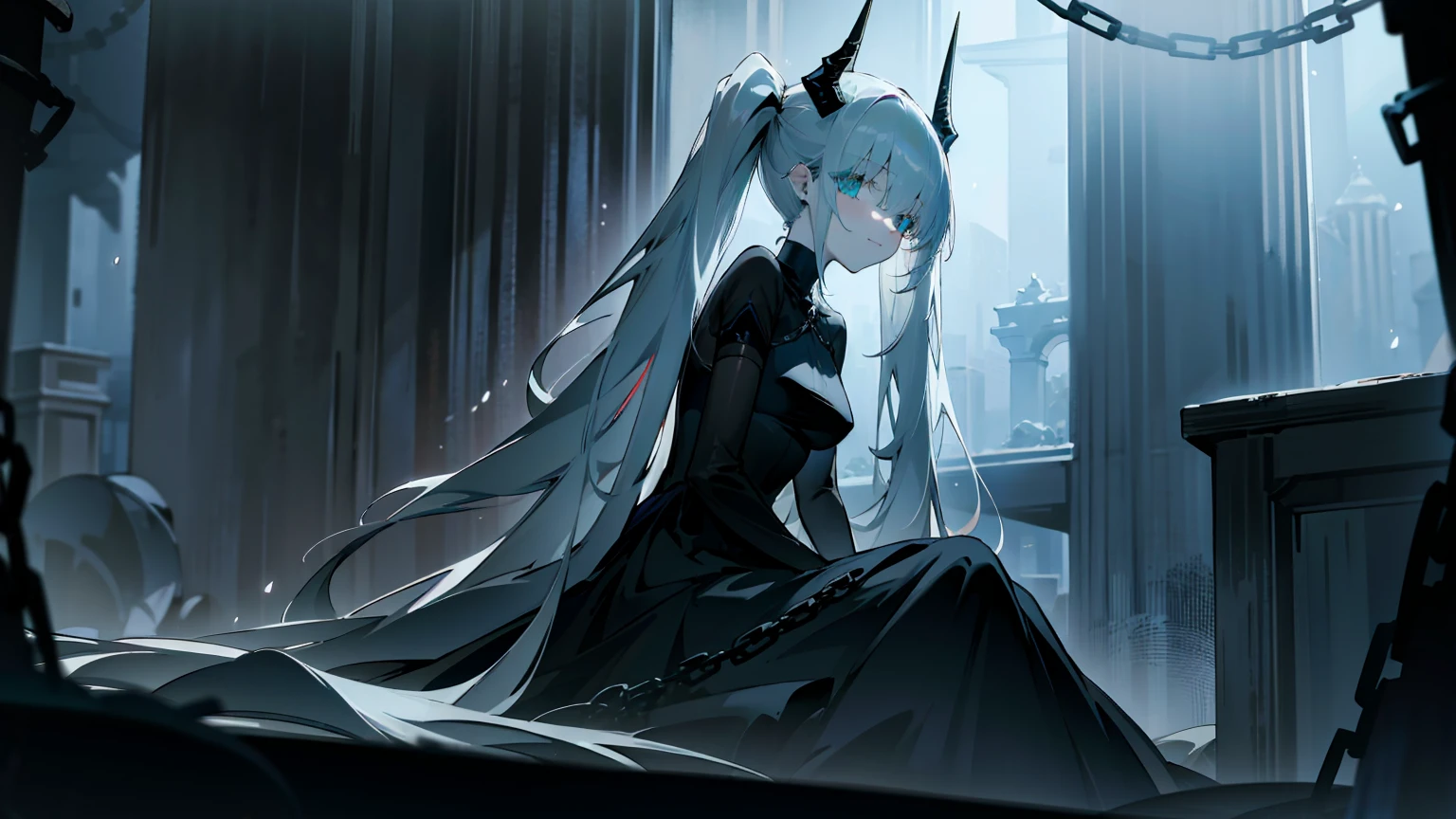 (best quality,highres,masterpiece:1.2),(flatten art:0.75), masterpiece, best quality, 1woman, Anime, darker environment, long twintail hair, black horn, straight white hair, black goth gown, enticing, night, dark, dark fantasy ruin hall, looking at viewer, solo, faint moonlight, sad smile, close-up, sitting, seducing the viewer, chains