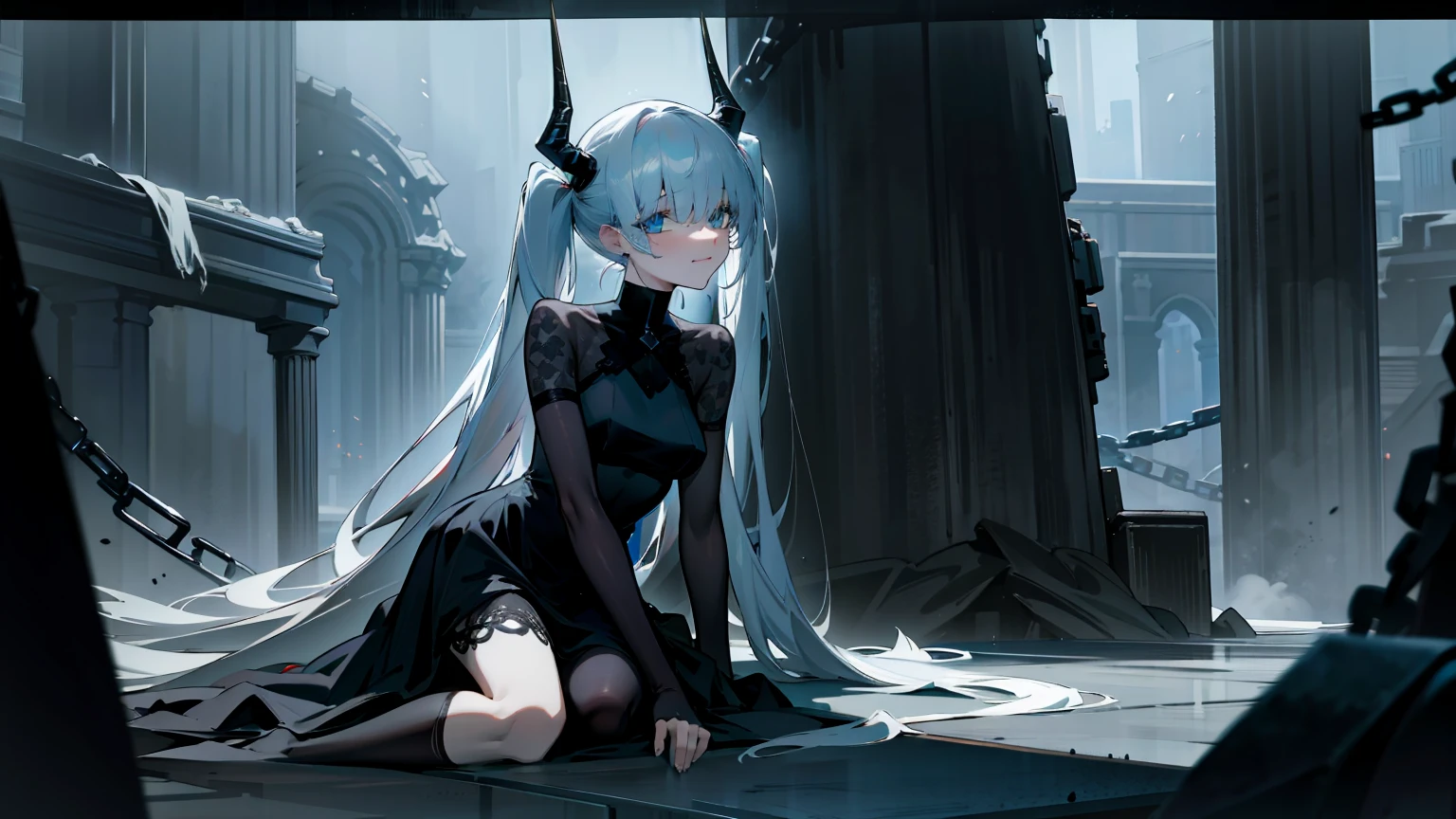 (best quality,highres,masterpiece:1.2),(flatten art:0.75), masterpiece, best quality, 1woman, Anime, darker environment, long twintail hair, black horn, straight white hair, black goth gown, enticing, night, dark, dark fantasy ruin hall, looking at viewer, solo, faint moonlight, sad smile, close-up, sitting, seducing the viewer, chains