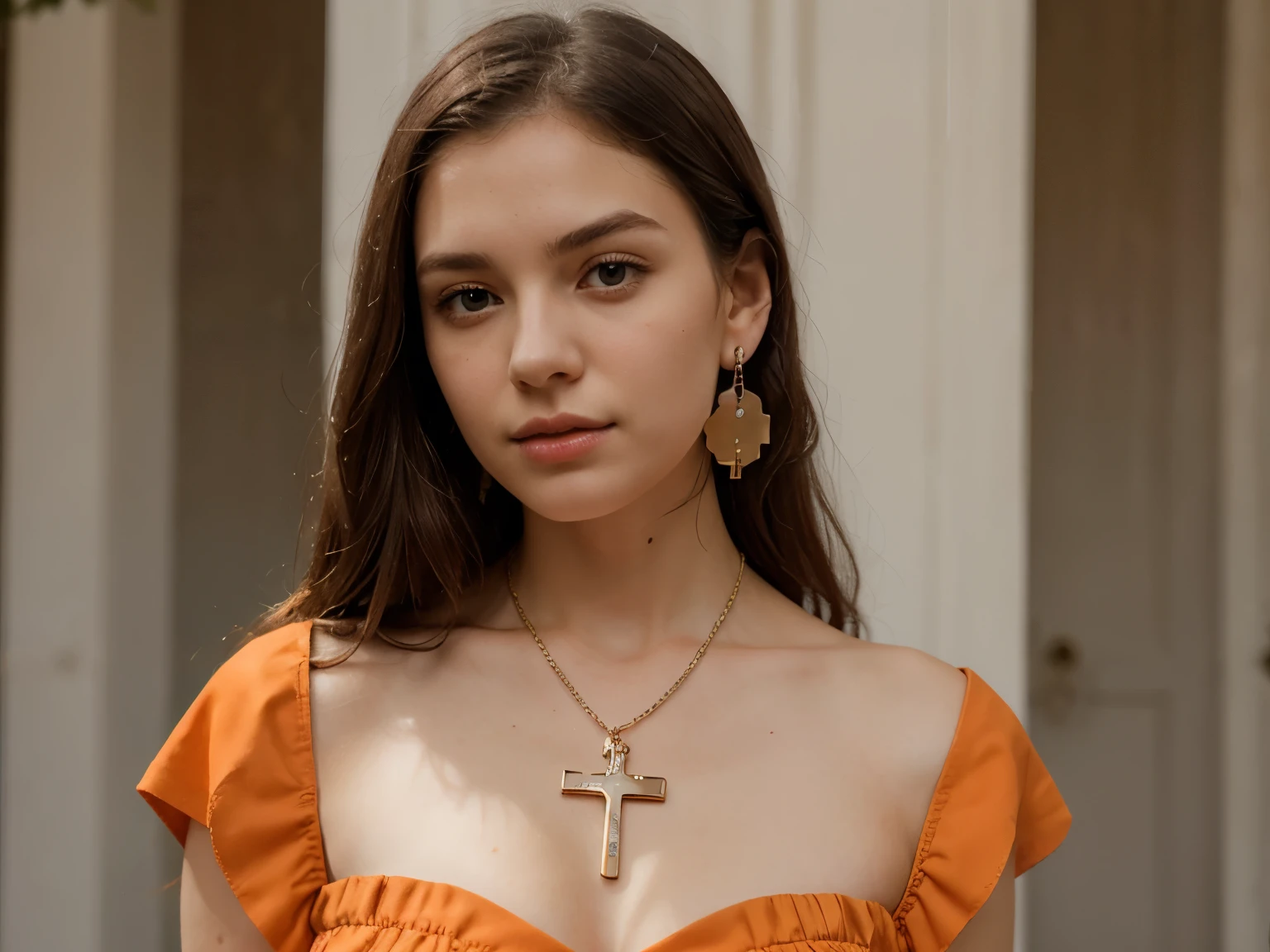 European woman, closeup, (shirt), pants, (bowling alley), cross necklace , ZM_meryem, wide shoulders, perfect face, (contact iris: 1.1), pale skin, skin pores , depth of field