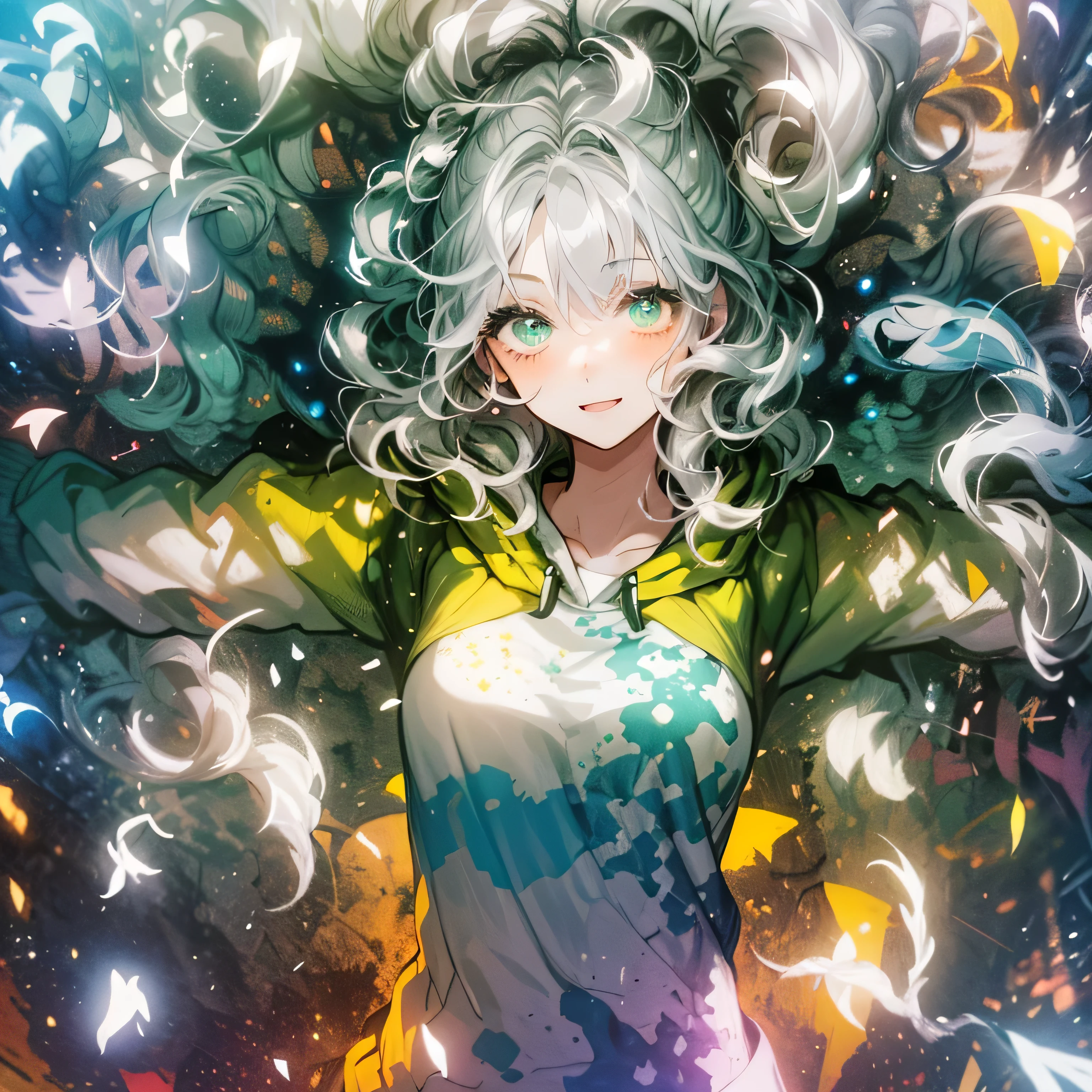 (masterpiece,  best quality :1.2),  1 girl, Alone,A high-resolution close-up of an excited teenage girl with wavy silver hair and vibrant green eyes, wearing a stylish hoodie. She spreads her arms joyfully against a softly illuminated background, embodying kawaii elegance in vivid anime style.