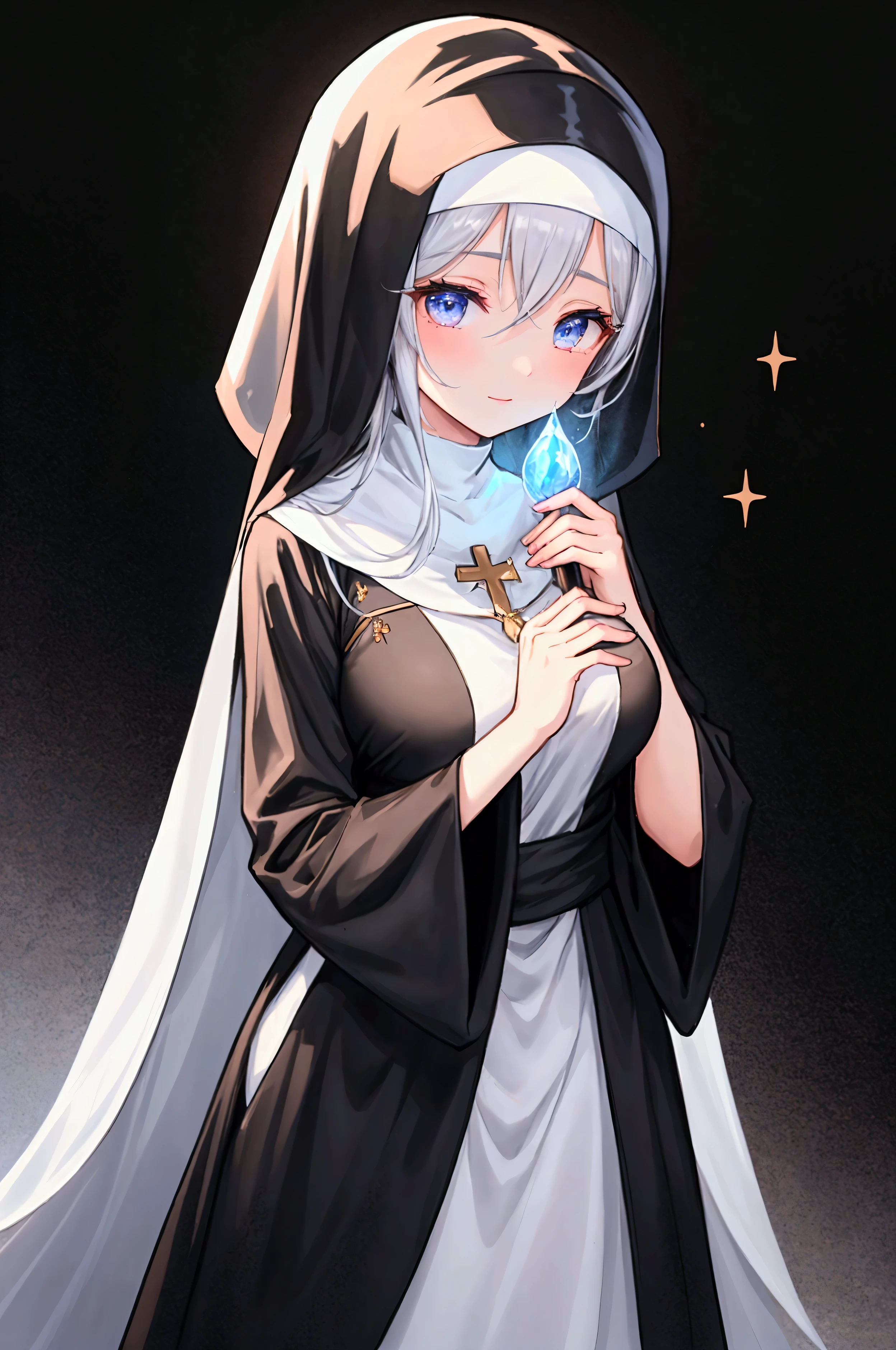 "A slender woman with long, flowing black hair, standing at 160 cm tall, weighing 45 kg, with a petite chest. Her eyes are a soft, pale blue, giving her a mysterious aura. She is dressed in an outfit inspired by a nun's attire, featuring a long black robe with white accents, a modest high neckline, and a white coif or veil covering her hair, evoking a sense of purity and devotion. In the climactic moment, everything is enveloped in light, a grand and luminous scene unfolds where the dream turns into reality, and the path to the future begins to shine brightly. The image is rendered in ultra-high quality, capturing every fine detail with stunning clarity."

