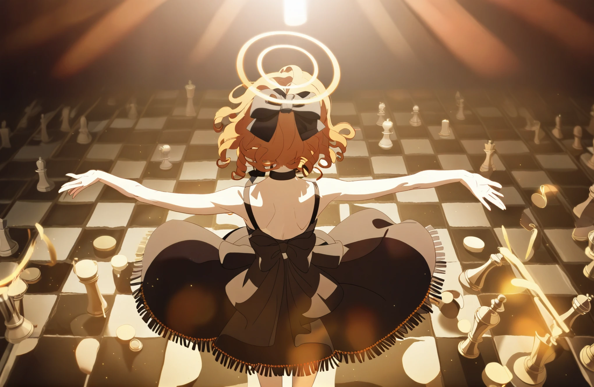 1 child， orange long curly hair ， black bow ，Back，Halo，Movie Lighting，Warm light， black prom European style fringe dress，Standing on the chess board ，Shoot from above，Stretch your arms，Single