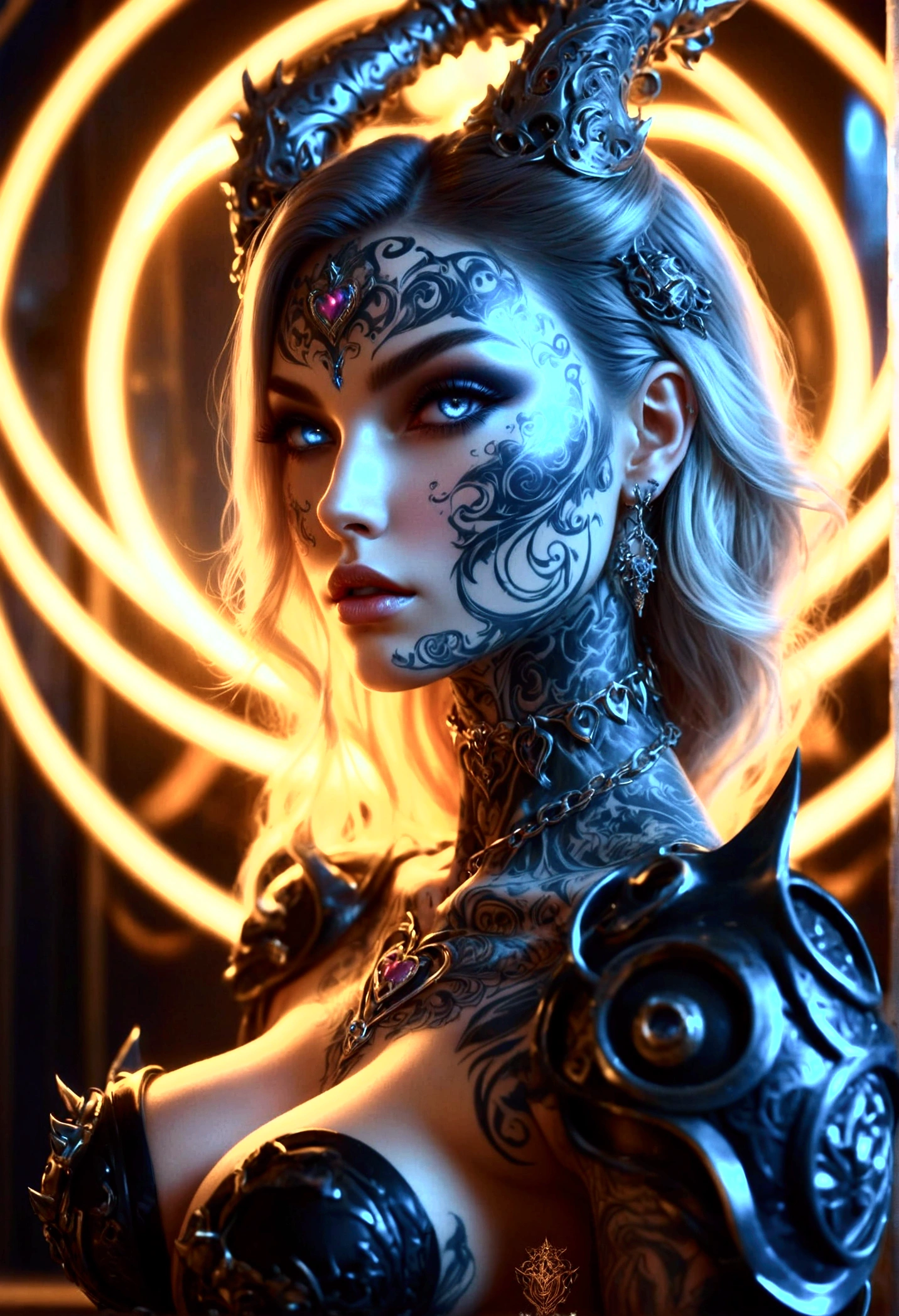 Full body, low angle, wide angle, insanely hyper-detailed and intricate realistic, corrupted female, ((black-gold glowing tattoo on shoulder)), messy platinum hair, sunny, active pose, long legs, slender body, ice flowers (((luminescent circuitry patterns that glow with an eerie blue hue))), detailed face, detailed skin, front, frozen forest in background, choker, hyperdetailed painting, luminism, Bar lighting, complex, 16k resolution concept art portrait by Greg Rutkowski, Alphonse Mucha