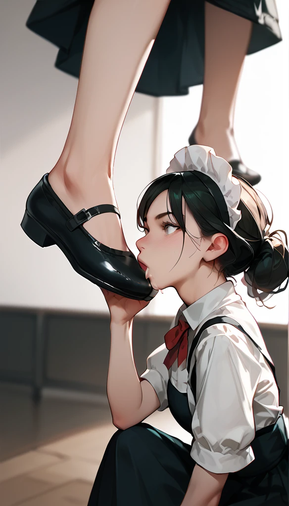 Anime Women, Maid, Black socks, raised leg, raised leg, Stomping of  feet on throat, Stomping of feet on neck, looking down, head out of frame, throw