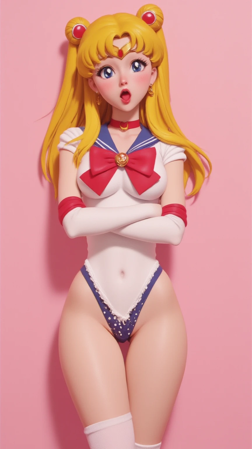 1 very young japanese girl, sailor moon, blonde hair, freckled face, length hair, blushing, Shy, Red lips, pale face, close up shot, Sweet, femboy, ((tiny breasts)), ((best quality)), ((masterpiece)), (detailed), vintage, elegant, chic, sophisticated, big expressive eyes, ulzzang, high school girl、Slender、Slender body、asian high school girl, solid pink background, heavy blushing, submissive, sexy pose,  frilly polka dot bikini, slender legs, thigh highs, skinny, arms behind back, 