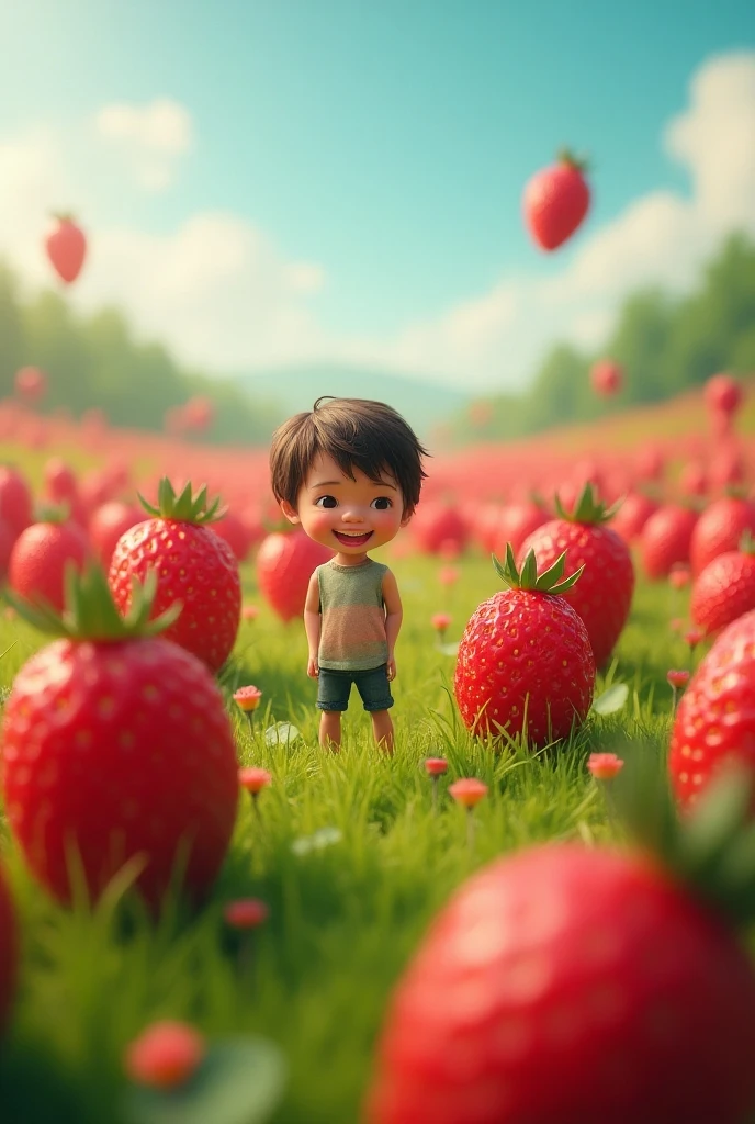 pixar animation: 1 year old baby, Wavy brown hair, Brown eyes, white skin Surrounded by lots of strawberries with a stand of strawberries and cream 
