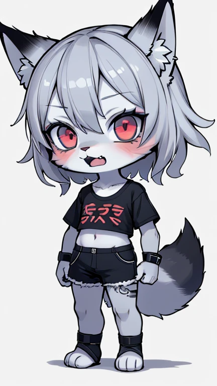 a cute chibi style adult male with wolf ears, white hair, has a wolf tail, wearing a loose cropped oversized black hoodie, wearing a pair of denim short shorts and fishnet stockings, thick thighs, wide hips, relaxing on mound of fluffy animal plushies, short, very slim, showing slender tummy, stretching out, heart on hoodie, squishy thighs
