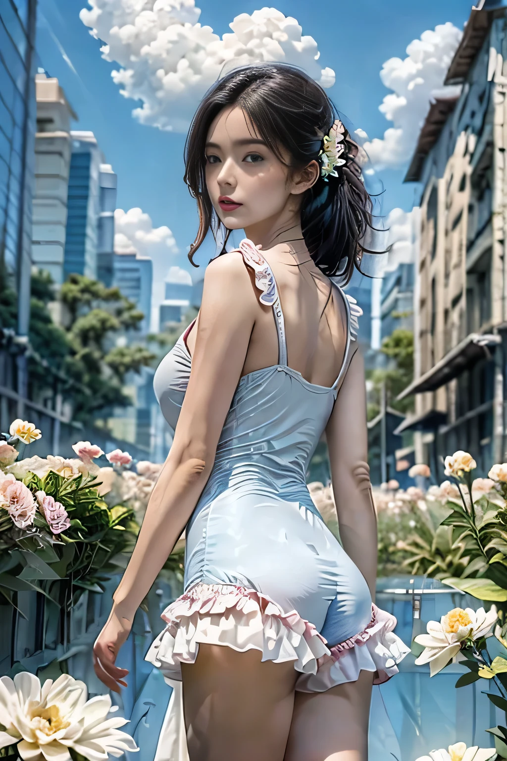 1 Girl,3d,underwear，butt,(City, architecture, Flowers,  blue sky, White Cloud, architecture),looking at viewer,photo actual , actual ,cleaner ,