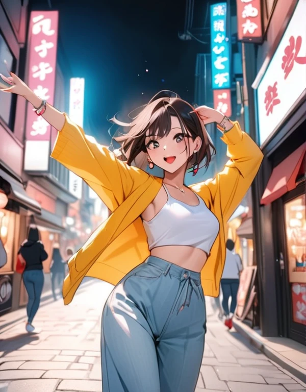 A beautiful Japanese woman dancing on the street. tiktok, hip-hop, magical. 