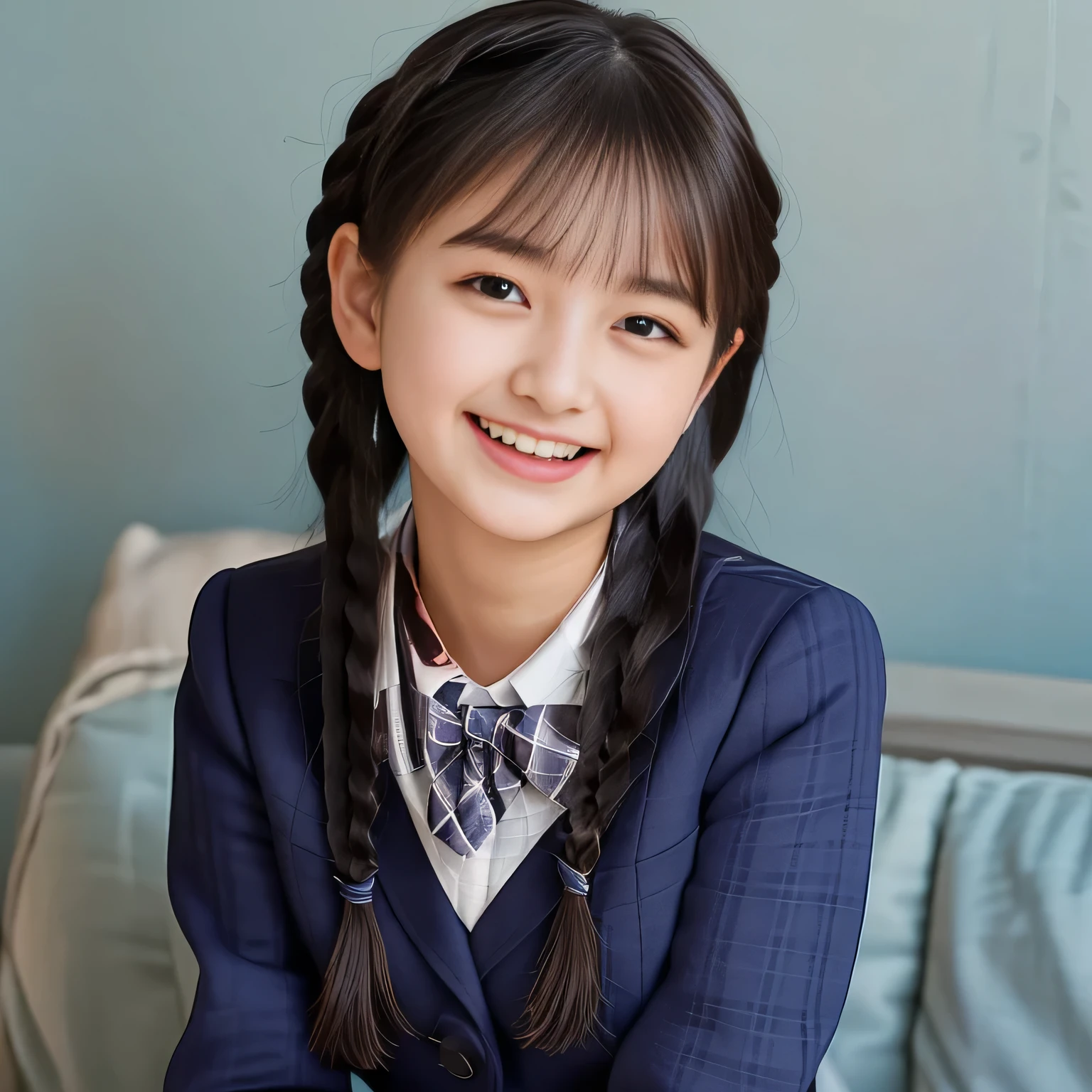 (Highest quality, masterpiece:1.2), Highest quality, High resolution, 1080P, 8k, (A noble, graceful and 13yo Japanese young long hair lady who have a best proportion are seated giggling at me with extreme beatitude, laughing and posing like a fashion model of Japanese uniform promotion: 1.5), (Well-balanced, intelligent, drooping, double-eyelids, brown shiny large eyes with detailed make me feel her intelligence: 1.5), (Navy colored school blazer, blue-colored pleated school blue-and-dark-blue-and-cyan-tartan-checkered plaid-skirt: 1.5), (Plain blue school ribbon on the mature breast), (Girl whom everyone loves because of her beauty and beautiful eyes and lovely fashion and noble manner and magic-charm of succubus), (Very beautiful, glossy, cutely super-super-long straight gorgeous rich black hair, twin braids: 1.3), (Drives me crazy for their neat blue-plaid-skirts and Make me fall into their skirts), (plain blue background: 1.6), (Best style like a 13yo fashion model, mature breast), ((Completely balanced beautiful eyes)), ((Completely balanced beautiful eyes)), (Eyes, face and hair are especially beautifully detailed and beautifully drawn: 1.5), (Satisfactory best shot by professional famous women's photographer: 1.5)