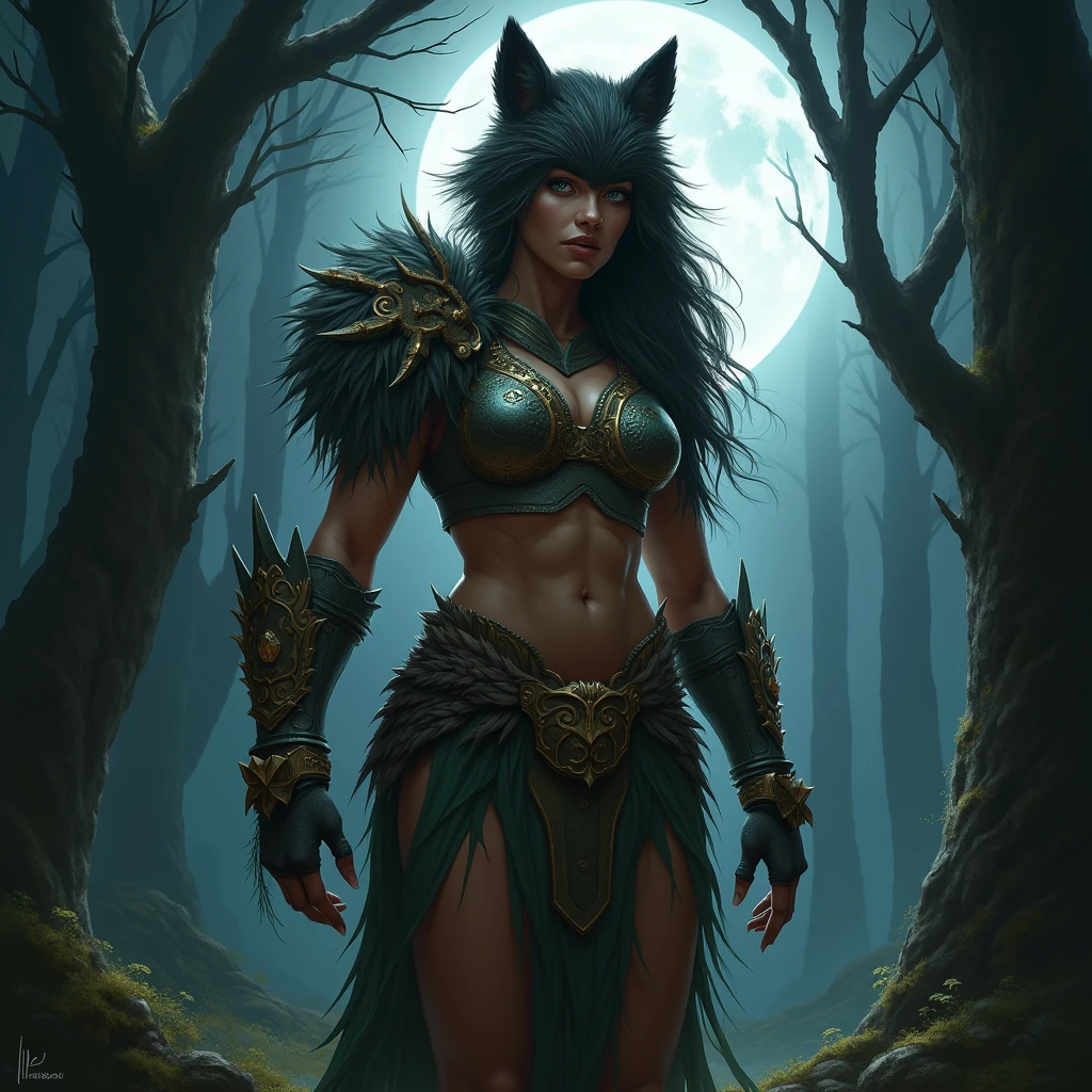 Female werewolf, concept art, vagina, milf body, masterpiece, front and back view, tail, high quality, feet, dark nipples, torn clothes,
