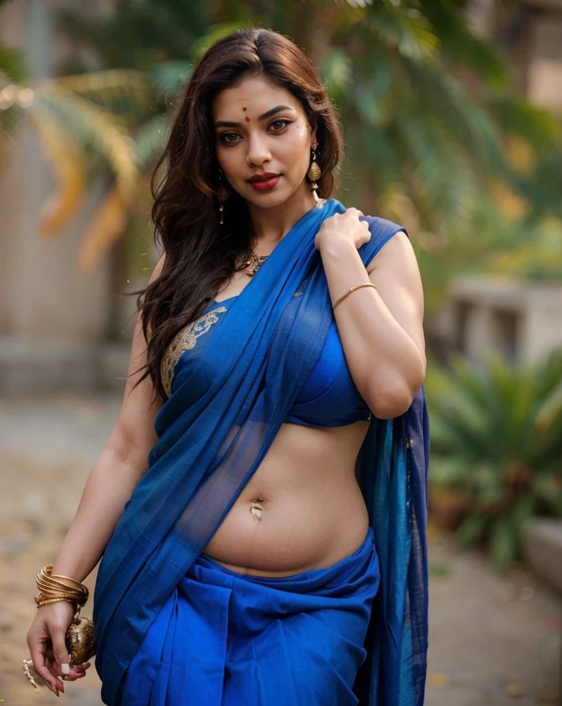 Indian sexy WOMEN WEARING saree , ancient sex goddess , perfect figure , showing her round belly button , sexy deep navel , curvy waist , thick legs , slutty makeup , dark eyeliner , HOT red lips , long hairs , earrings , shinny ornaments , necklace , 8k resolution , photorealistic , ultra realistic , HD Quality , photography , long shot , full body photograph , cinematic lighting , daylight , Hasselblad photography , ARRI Photography , details , extreme details , little details , ultra sharp photo , perfect picture , fine details , HQ ,