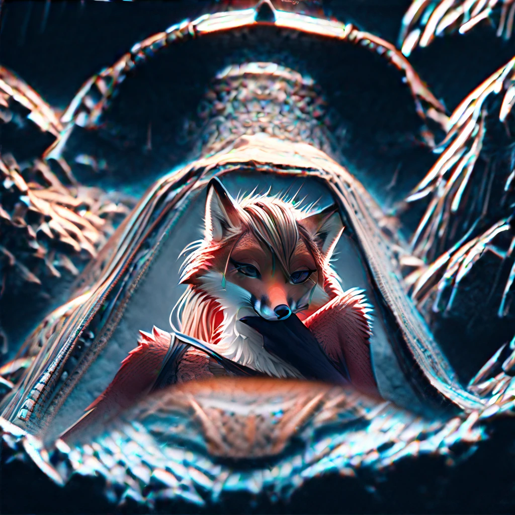 red fox, female, furry, anthro, Extreme detail, detailed fluffy fur, full body, Detailed eyes, (Shaded), (Detailed lighting), (Cinematic lighting), (Masterpiece, hi res, RAW photo, high resolution, High details, Best quality, high sharpness:1.3), high definition, BREAK, woven, beautiful, cute, fox ears, (long and fluffy fox tail), (digitigrade, fox paws on feet), (elongated fox snout), orange fur, long hair, dark red hair, wearing (black thong, black bra, black thigh highs, torn legwear, torn clothing, torn gloves, black long fingerless gloves reaching elbows, witch hat with purple cloth tied around it, torn clothing, black choker, classy glasses), smug smile, narrowed eyes, flirtatious look, sultry look, sitting, spread legs, front view, gazing at viewer with side eye, glowing moon, night, cunnilingus gesture, tongue out, hand on mouth, licking between fingers