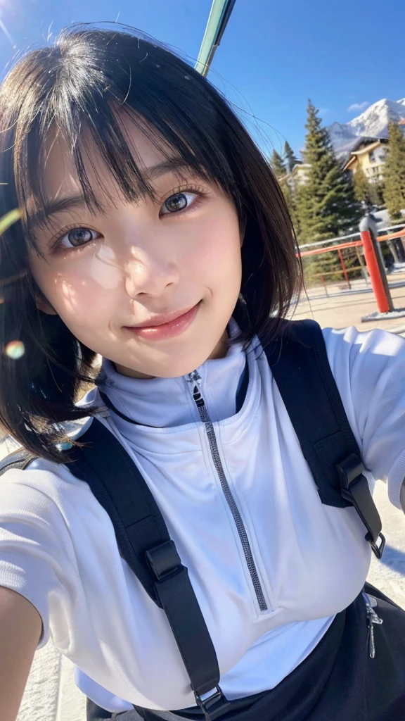 (highest quality,masterpiece:1.3,ultra high resolution),(Super detailed,caustics,16k),(photorealistic:1.4,RAW shooting),ultra-realistic capture,close-up of human skin,natural skin texture,Pores are detailed enough to be easily identified,Healthy skin and even tone,Use natural light and color,18-year-old,Japanese,cute,ski wear,black hair short cut,Smiling and looking at the camera,big breasts,shot from the waist up,(face focus:1.2),(Face close-up:1.2),(low position:1.3),(Low - Angle:1.3),(Ski resort),sun,blue sky,