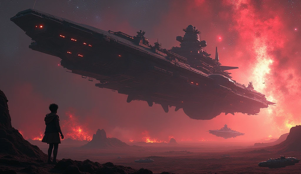 spaceship flying in the sky with a large ship in the background, ominous space battle background, space opera and dystopian style, spaceships in the cloudy sky, sci-fi fantasy wallpaper, epic fantasy sci fi illustration, sci fi epic digital art, sci-fi fantasy desktop wallpaper, epic scifi fantasy art, 4k highly detailed digital art, dark sci-fi art
