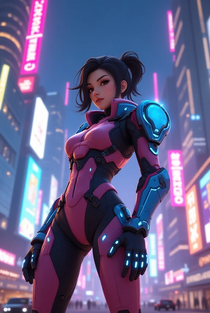 (masterpiece, best quality, ultra detailed, absurdres)1.5, 1girl, (sexy, beautiful woman, perfect face, perfect eyes, perfect female body, huge breasts)1.5, (dvaover, d.va \(overwatch\), ((black pigtails with cat ears , red eyes)) , swept bangs, headphones, blue bodysuit, ribbed bodysuit, pilot suit, bunny print, v, whisker markings, facepaint, white gloves, facial mark, pink lips, high collar, shoulder pads, ), (standing, meverwatch\), robot, science fiction, Korean city in background, night sky), perfect lighting, smooth, hdr