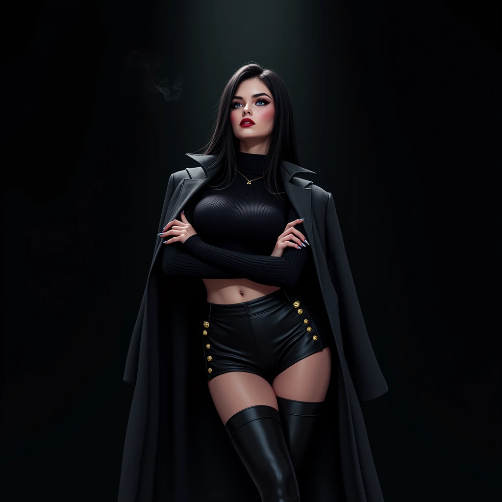 dynamic, a woman named meg has sharp angular cheekbones, full lips, and a slightly upturned nose. Her eyes are brown large and almond-shaped with a prominent crease, cat eyeliner, she has dark brown hair styled in loose waves, framing her face and reaching down to her shoulders,((suggestive standing)),captivating, dark red lipstick, freckles, open jacket, no bra, exposed ,, hyperdetailed photorealistic, spot lighting, photorealism, rim light (high contrast),rule of thirds composition, nsfw