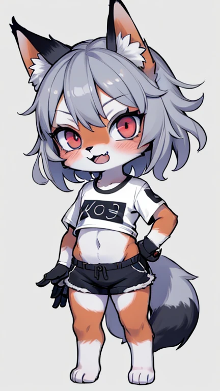 (a young black female wolf furry), black fur, cat-like face, white fur on jaw , white fur on belly, white fur on limb's edge, long white hair, straight bangs, brown eyes, tummy, fang, swimsuit