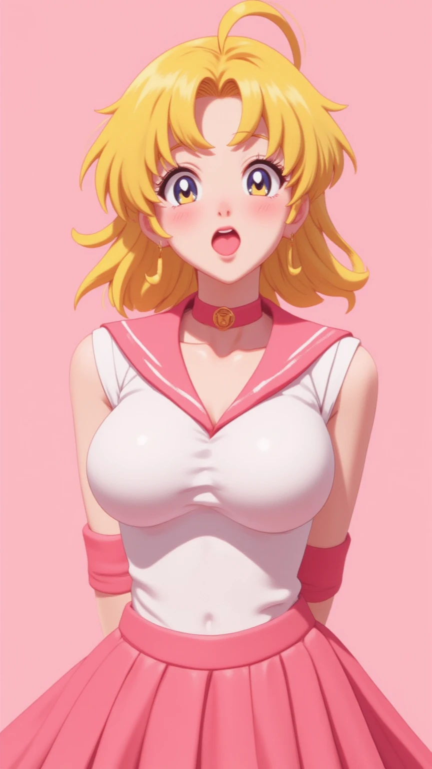 1 very young japanese girl, sailor moon, blonde hair, blushing, Shy, Red lips, mouth open, winking, cute overload, pale face, close up shot, Sweet, small breasts, ((best quality)), ((masterpiece)), (detailed), big expressive eyes, ulzzang, Slender、solid pink background, cute pose,  sailor suit, cleavage, slender legs, thigh highs, skinny, arms behind back, 