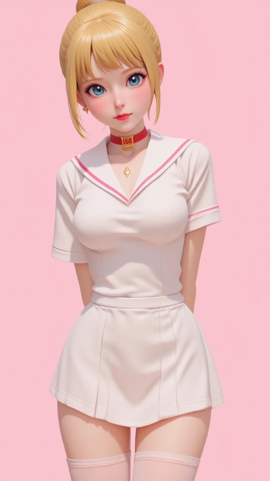 1 very young japanese girl, sailor moon, blonde hair, blushing, Shy, Red lips, mouth open, winking, cute overload, pale face, close up shot, Sweet, small breasts, ((best quality)), ((masterpiece)), (detailed), big expressive eyes, ulzzang, Slender、solid pink background, cute pose,  sailor suit, cleavage, slender legs, thigh highs, skinny, arms behind back, 