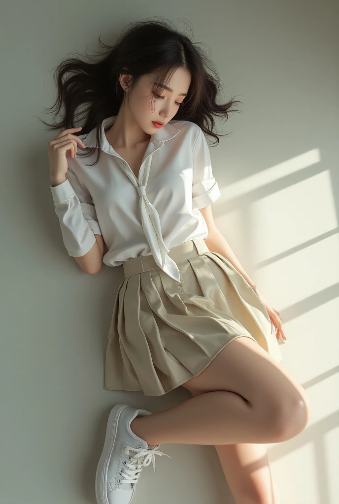 Long hair,White thigh socks,Lie down in bed,short skirt,Big golden eyes,White color blouse,
