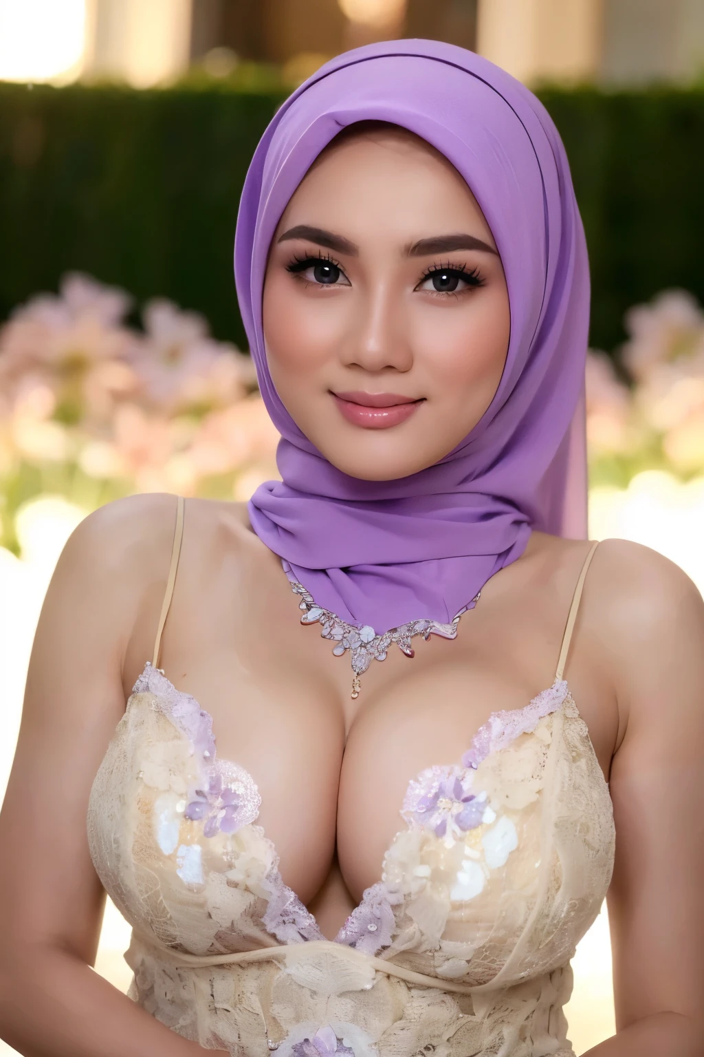 Hyper realistic, Beautiful young hijab girl, , nude, naked, (open breast, breast out), luxury necklace, White Skin, Perfect Potrait, Bokeh Effect, Look at camera, ((adorable:1.2)), ((masterpiece:1.1)), ((bokeh:1.2)), (dynamic seducing pose), seductive smile, flirting eyes,Clear focus: 1.2, 1 indonesian hijab girl, perfect nude bride,Super fine face, fine eyes, double eyelids((Realistic lighting, Best quality, 8K, Masterpiece: 1.3, hyper realistic)), Clear focus: 1.2, 1 indonesian hijab girl, georgeous light purple wedding dress, (light purple hijab, medium rounded breasts: 1.3), ((open breast, breast out)),nude, naked, pink nipples, slightly chubby, (detailed lace material), (outdoor, day light: 1.1), beautiful garden of flowers background, Super fine face, fine eyes, double eyelids, naughty smile, 