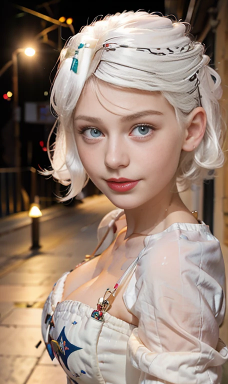 Photo of a 15 year-old European girl, .RAW, beautiful woman , largo White hair , White hair , albino girl ,((portrait)), ((detailed face:1.2)), ((detailed facial features)), (finely detailed skin), Varied background , blue eyes , 、(cool color), humid, humid, ReFlectoreasutepiece) (perfect proportions realistic photos)(The best quality) (detailed) photographed with a Canon EOS R5, 50mm lens, f/2.8, NffSW, (8k) (wallpaper) (cinematic lighting) (Dramatic lighting) (sharp focus) (Convoluted) thin , thinl breasts , freckles on cheeks , Whole body , beautiful woman body , posing sexy , posing brightly from the front for the camera , cute makeup , linda sonrisa , Red lips , albino girl , by white , White hair , senos medianos , nariz pequeña , outfit ligero , cuerpo completo