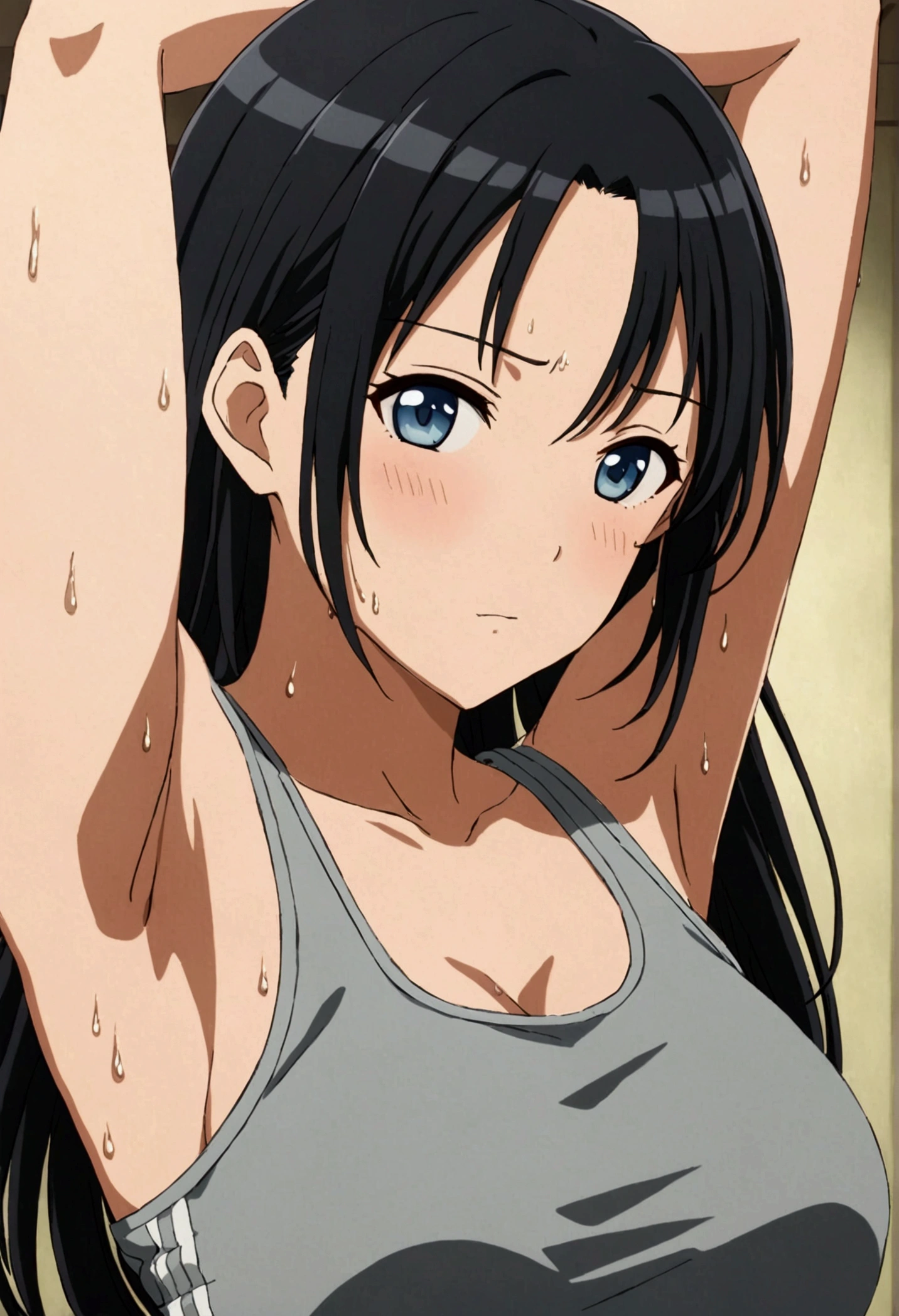 Large Breasts, anime girl with blue hair and green eyes long haired, misato katsuragi, portrait knights of zodiac girl, fubuki, kusanagi, inspired by Rei Kamoi, nico robin, ikki tousen, knights of zodiac girl, juri misaki, gainax anime style, close view 8K,HD,Wallpaper masterpiece 1.3, large ass, casual Clothes. Home backround, smiling, a little sweaty, croptop. Tying up hair, arms behind hair, hair tie in mouth, slightly sweaty armpits. Abs showing, jogging, park backround, sun. View from top