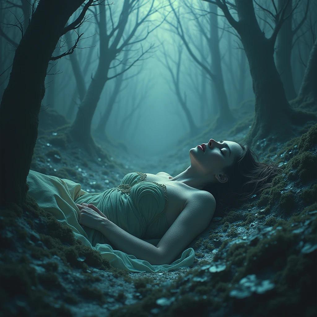 English woman 20 years old,skin fair,sparkling green eyes,dark purple hair,white gown,She is in pain and passed out on the floor,,ela esta cheia de sangue o white gown fica vermelho de sangue,forest of light scenario,scenarioposes,make-up,cinema image,品質,full body images,detailed,full body image,high resolution,