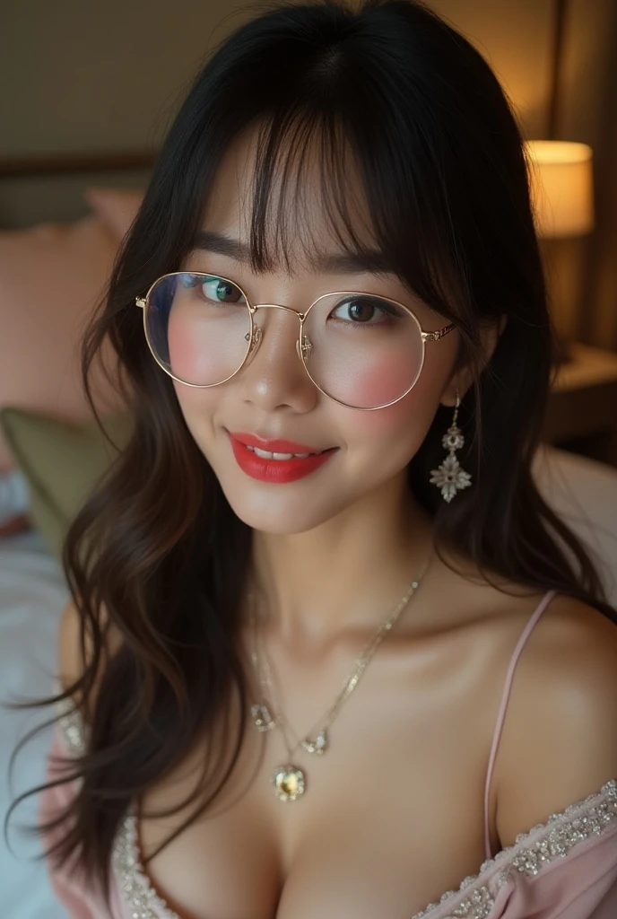 (wear eyeglasses),(have a big smile showing your teeth),(Spread your legs wide,Open your legs wide),(Clearly visible detailed female pubic shape: 1.4), (Clearly visible detailed female pubic hair),(laying down with legs wide open and feet in the air),(best quality, ultra-detailed, realistic:1.37), (erotic, seductive, sensual) pose, dark background, (soft and warm) lighting, (intense, passionate) expression, (shadows, highlights) on the body, (subtle, suggestive) composition, (smooth, flawless) skin, (subtle, delicate) color palette, (artistic, high fashion) style