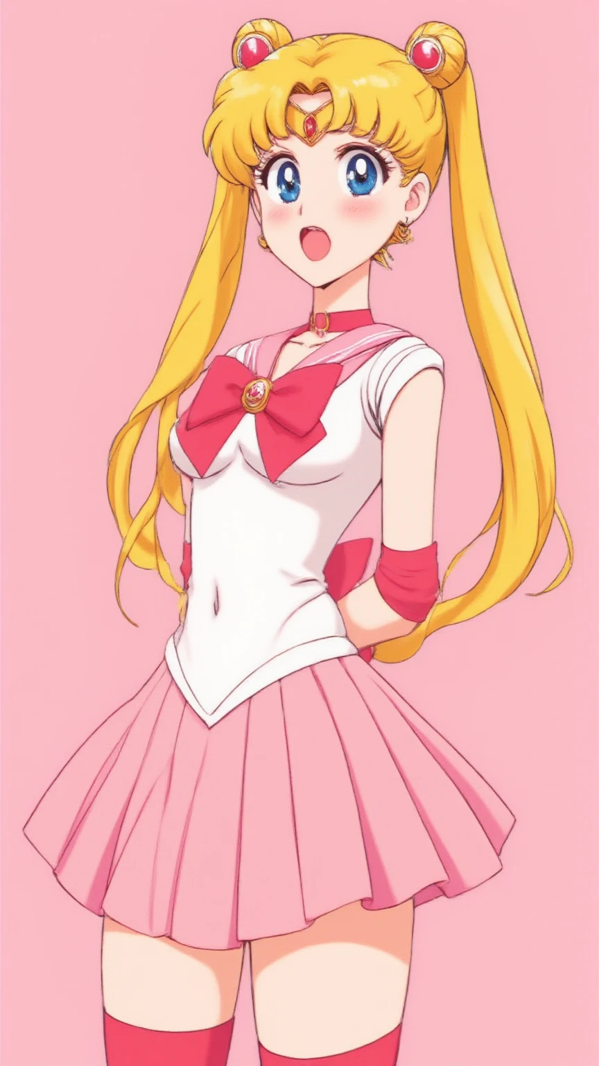 1 very young japanese girl, sailor moon, blonde hair, blushing, Shy, Red lips, mouth open, winking, cute overload, pale face, close up shot, Sweet, small breasts, ((best quality)), ((masterpiece)), (detailed), big expressive eyes, ulzzang, Slender、solid pink background, cute pose,  sailor suit, cleavage, slender legs, thigh highs, skinny, arms behind back, 