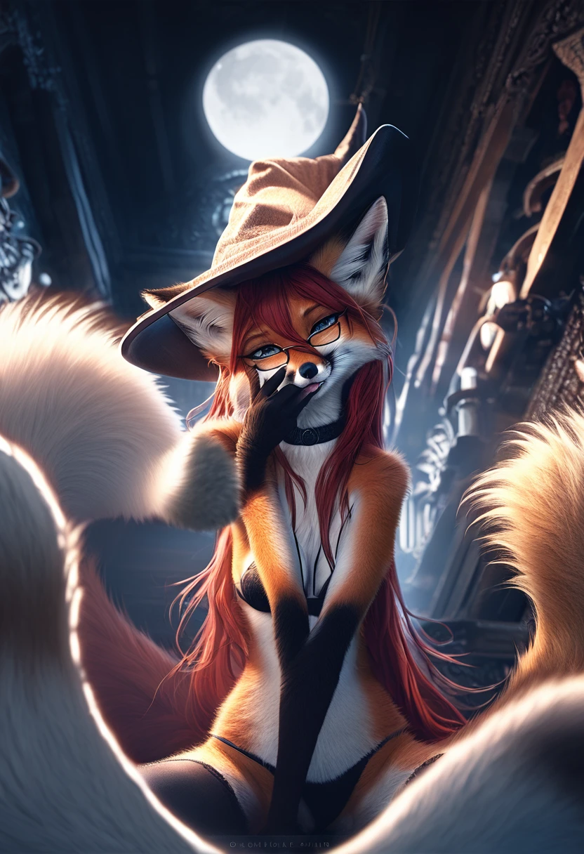 red fox, female, furry, anthro, Extreme detail, detailed fluffy fur, full body, Detailed eyes, (Shaded), (Detailed lighting), (Cinematic lighting), (Masterpiece, hi res, RAW photo, high resolution, High details, Best quality, high sharpness:1.3), high definition, BREAK, woven, beautiful, cute, fox ears, (long and fluffy fox tail), (digitigrade, fox paws on feet), (elongated fox snout), orange fur, long hair, dark red hair, wearing (black thong, black bra, black thigh highs, torn legwear, torn clothing, torn gloves, black long fingerless gloves reaching elbows, witch hat with purple cloth tied around it, torn clothing, black choker, classy glasses), smug smile, narrowed eyes, flirtatious look, sultry look, sitting, spread legs, front view, gazing at viewer with side eye, glowing moon, night, cunnilingus gesture, tongue out, hand on mouth, licking between fingers