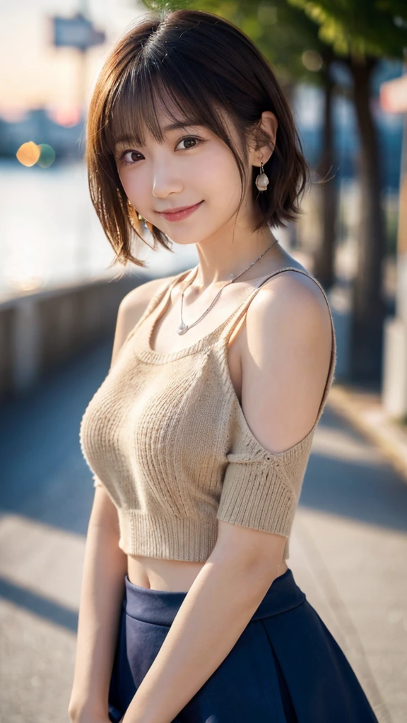 Masterpiece, highest quality, Realistic Photograph, In detail, High resolution, 8k wallpaper, Perfect dynamic composition, Sharp focus, Surreal, Beautiful details, (quite a bit body), a Beautiful Japanese real woman, Pixie Cut Hair, Big ample breasts, Random sexy poses, Chest to chest, ((Beige tight O-neck knit tank top, Black lace high cut panties)), (Big Thighs), (Breast bulge:1.2), (Grin), Open_mouth, Resort scenery, 45 years old, (Droopy eyes:1.4), Adult Beauty, simple chain necklace