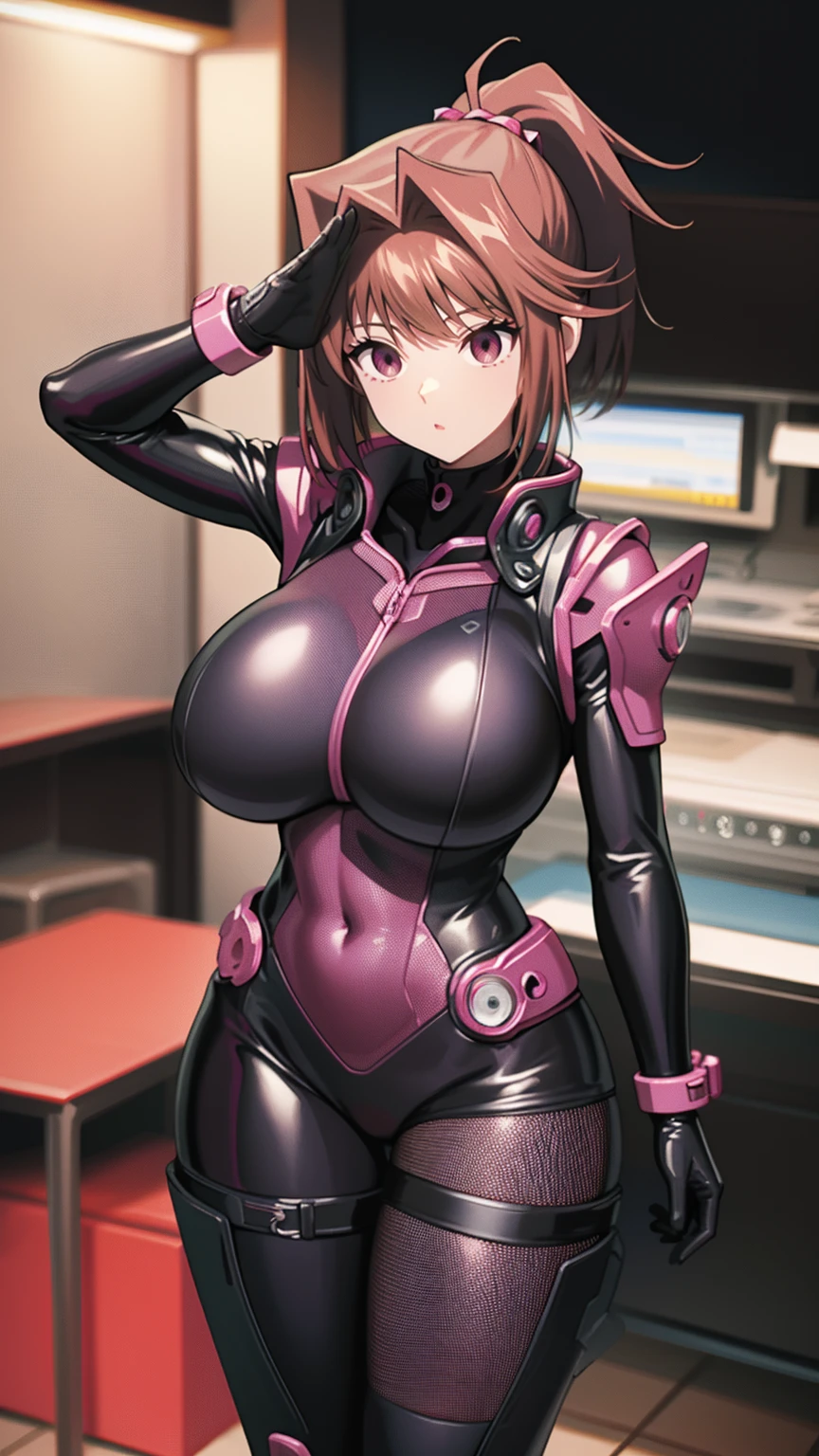 1 girl,NSFW,  Kyoko Masaki,(Yu-Gi-Oh),AnzuDef,short hair, brown hair, hair ornament, high ponytail, ponytail,huge breasts, clavicle, Glowing purple eyes,absurd, brainwashing,empty eyes, ((No expression,erasure of emotions)), (black latex tight bodysuit),look away , full body figure,((stand up, salute)), (highest quality、4k、8K、High resolution、must have:1.2)、Super detailed、(reality、reality的なです、reality的な:1.37)、ticker、hyper hd、studio lighting、ultra definition paint、sharp focus、Physically based rendering、extreme details、Professional specifications、vibrancy and color、blurry、sports portrait、landscape、horror style、anime big breast、SF、photograph、concept artist、five fingers, perfect body,  {{{masterpiece}}}, {{{highest quality}}}, {{Super detailed}}, {shape}, {{very delicate and beautiful}},Improved cost performance、all roles、Canon 5D MK4でphotograph、photograph, 